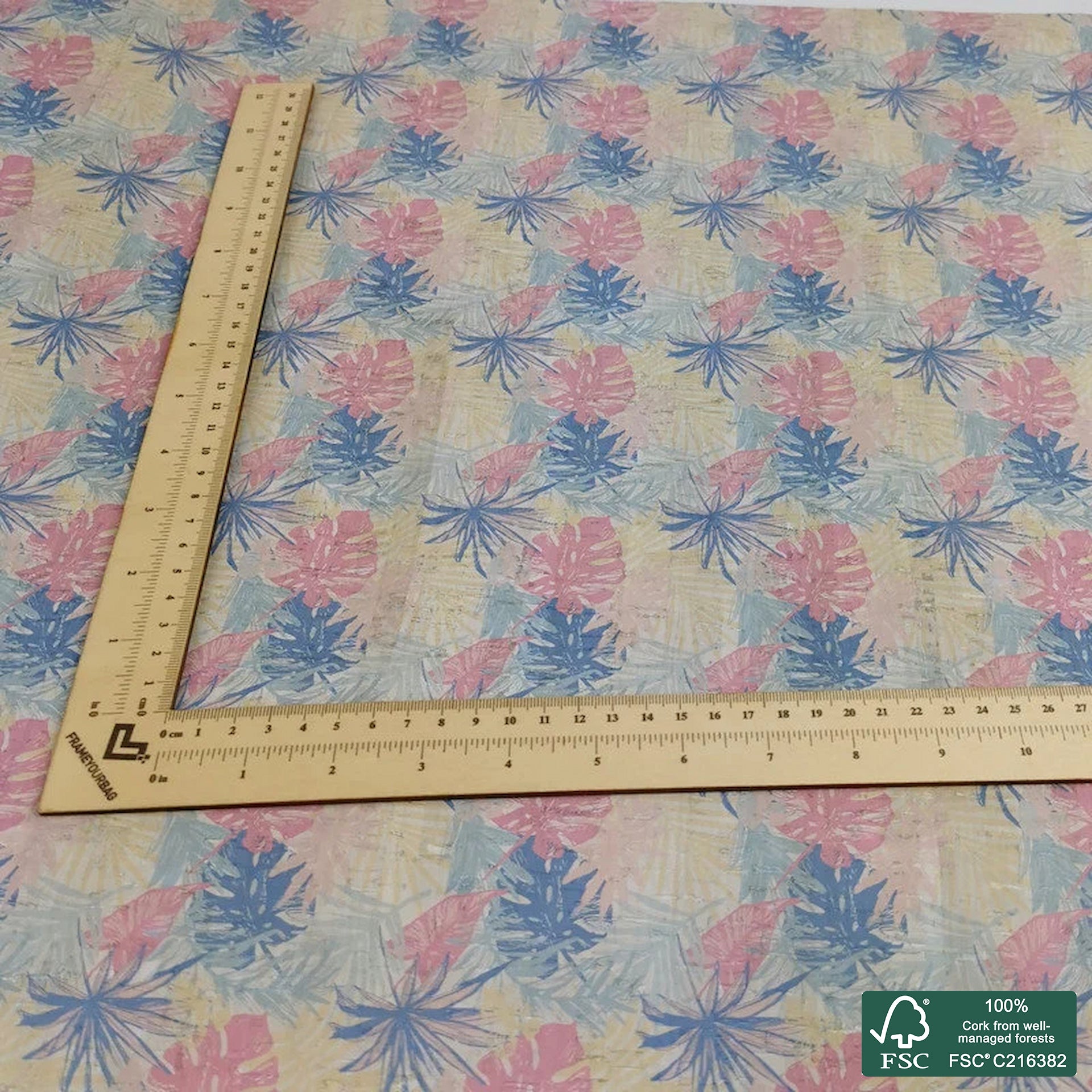 Leaves printed pattern on white cork fabric (226)