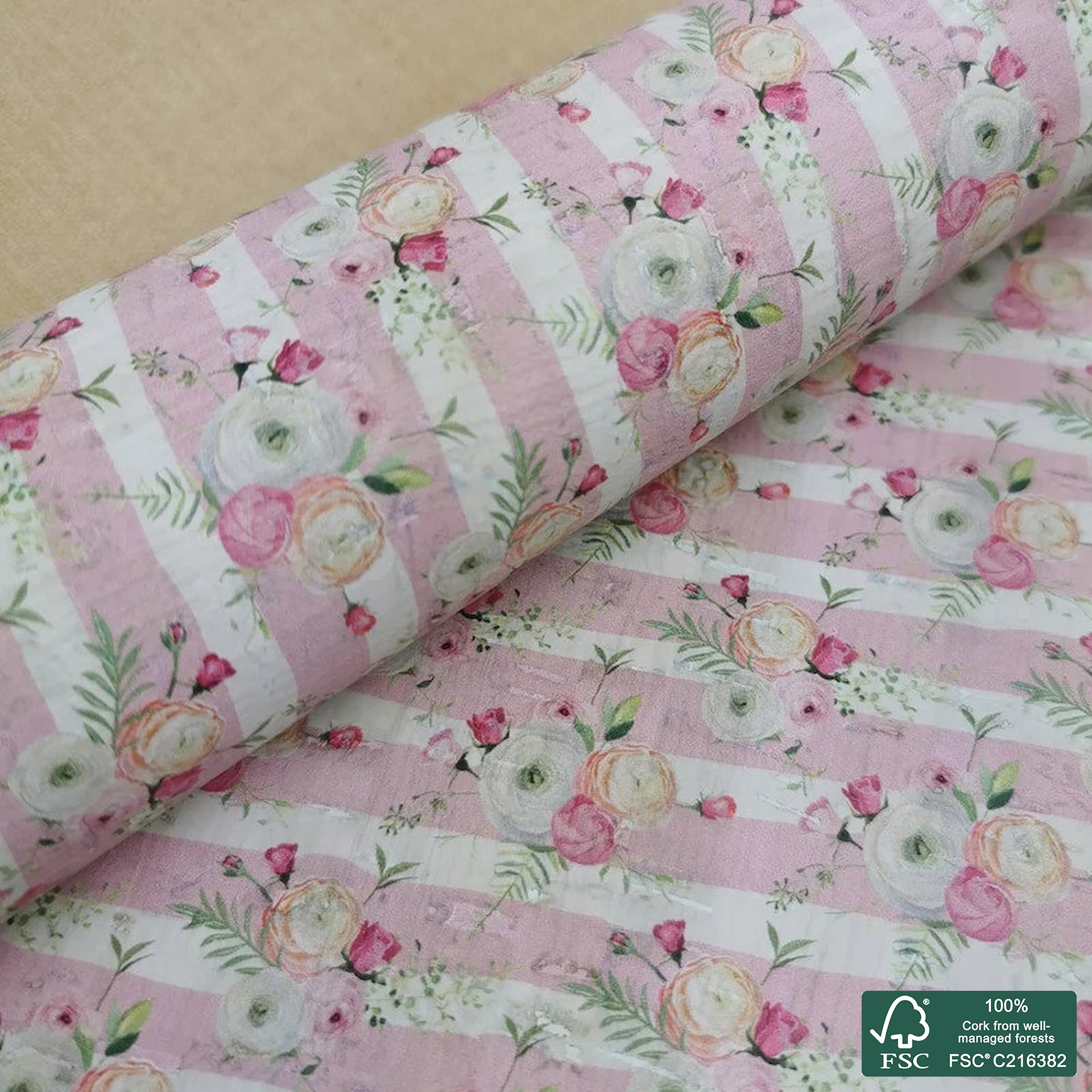 Flowers printed pattern on white cork fabric (227)