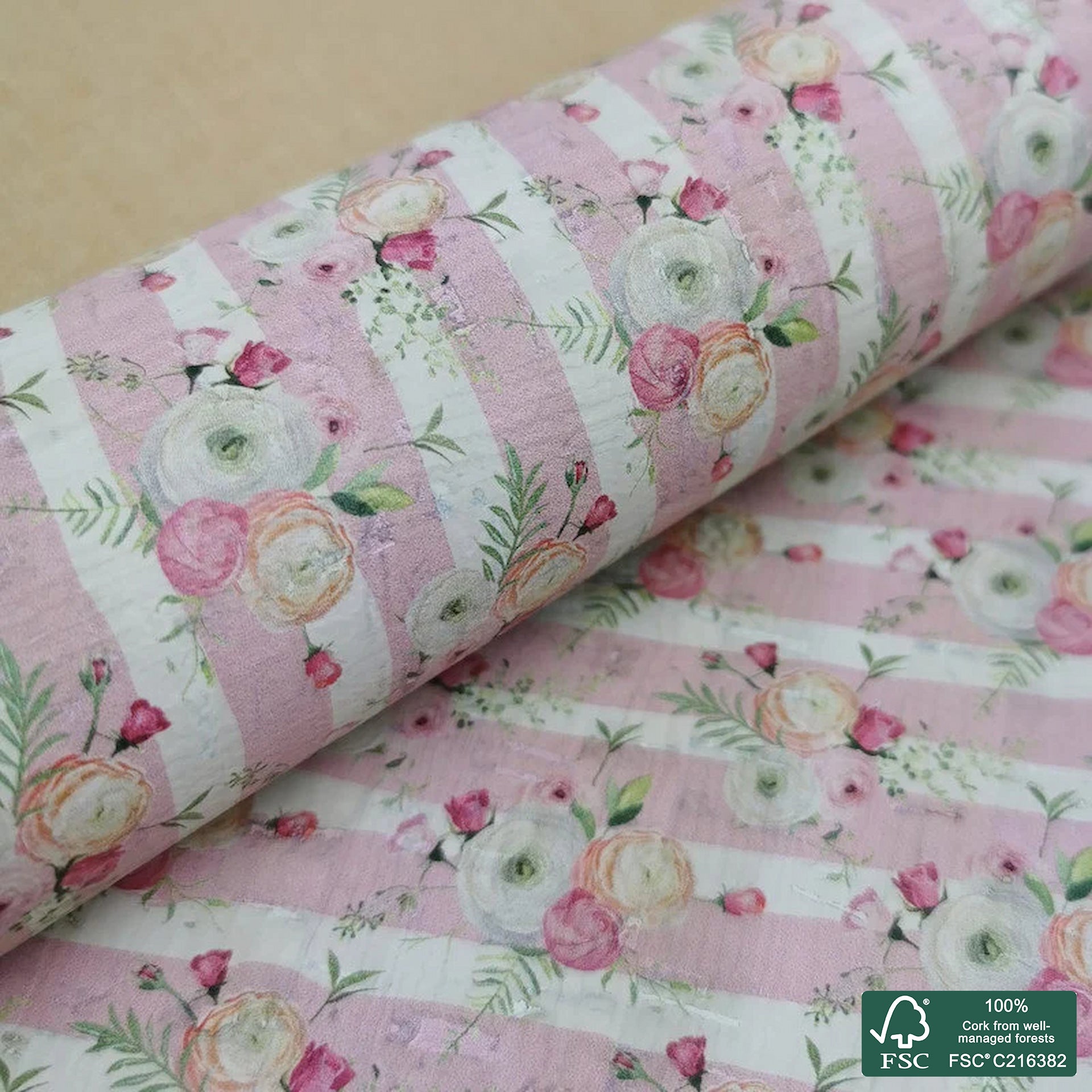 Flowers printed pattern on white cork fabric (227)