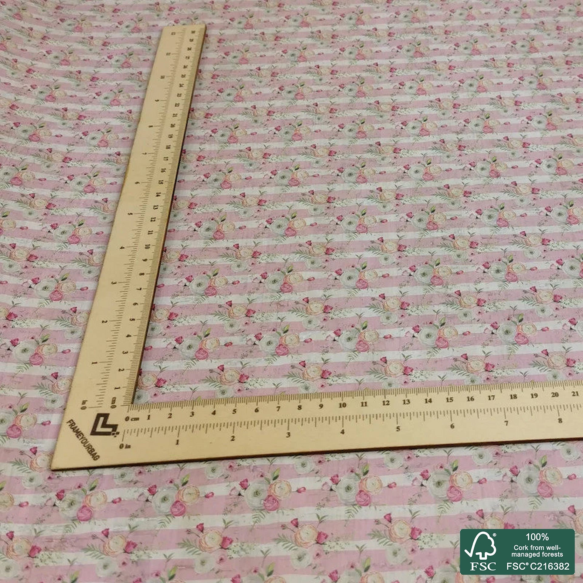 Flowers printed pattern on white cork fabric (227)