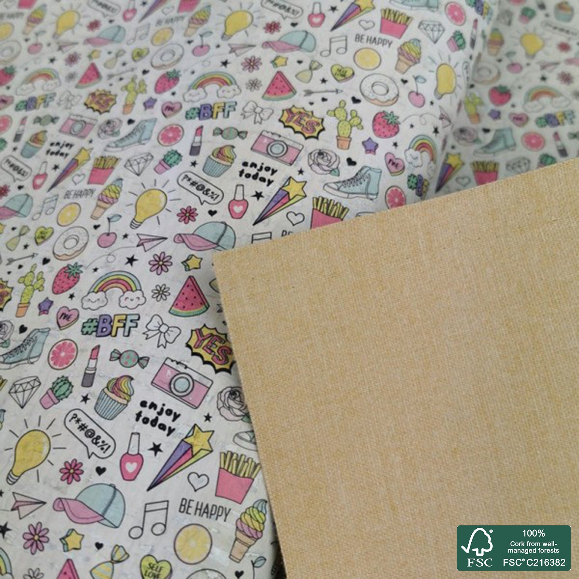 Cartoon printed pattern on white cork fabric (228)