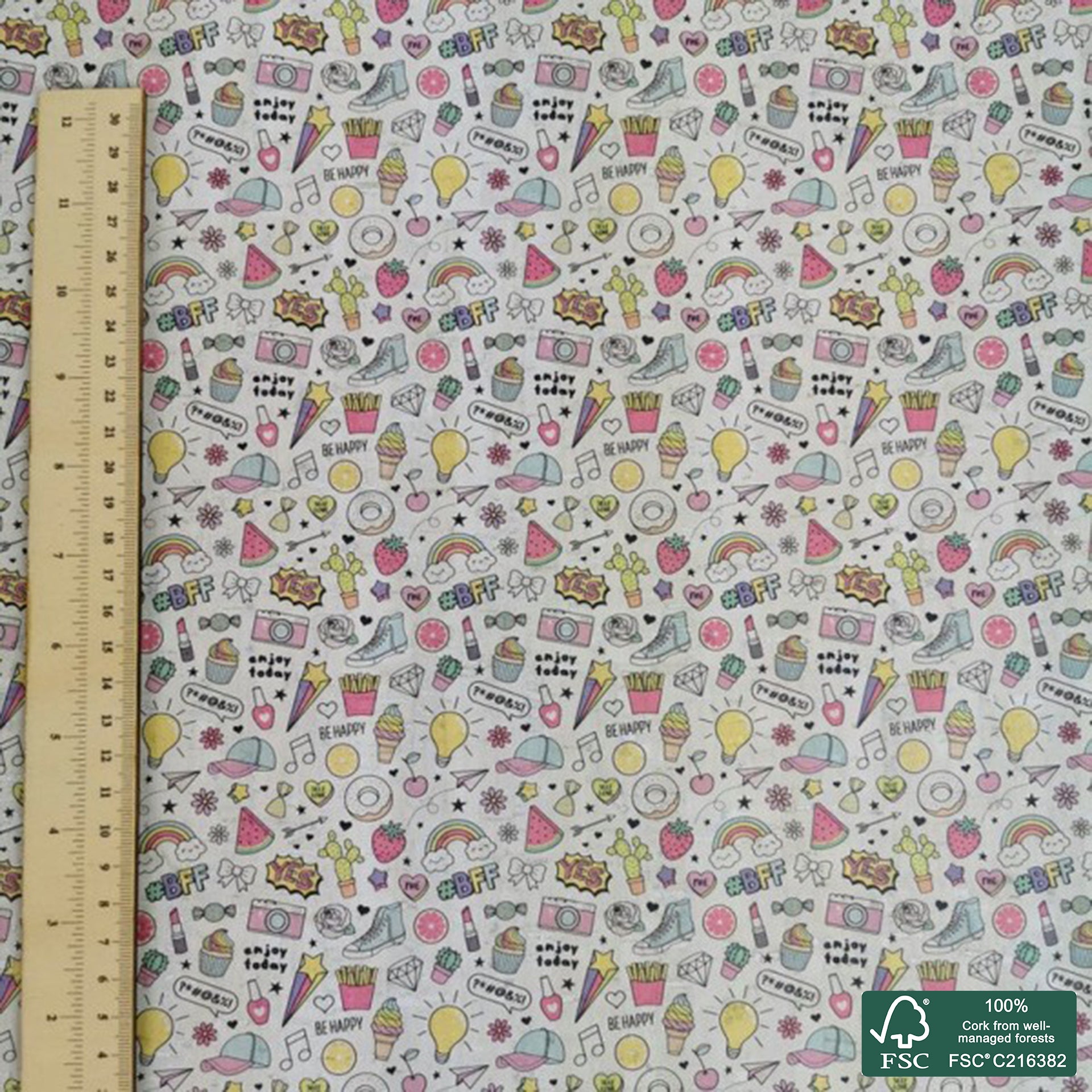 Cartoon printed pattern on white cork fabric (228)