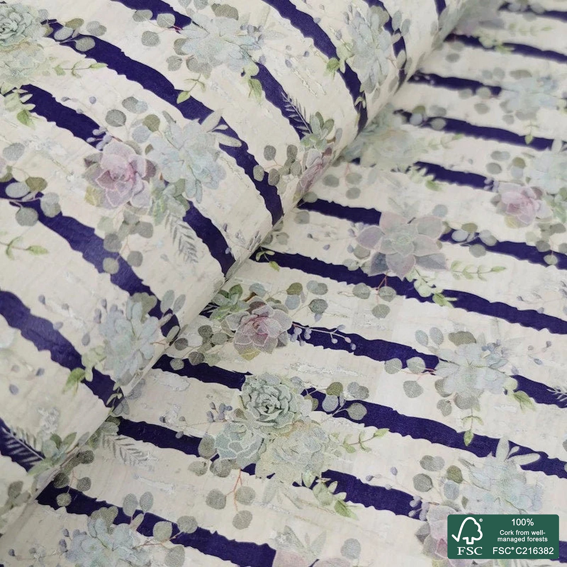 Succulents printed pattern on white cork fabric (230)