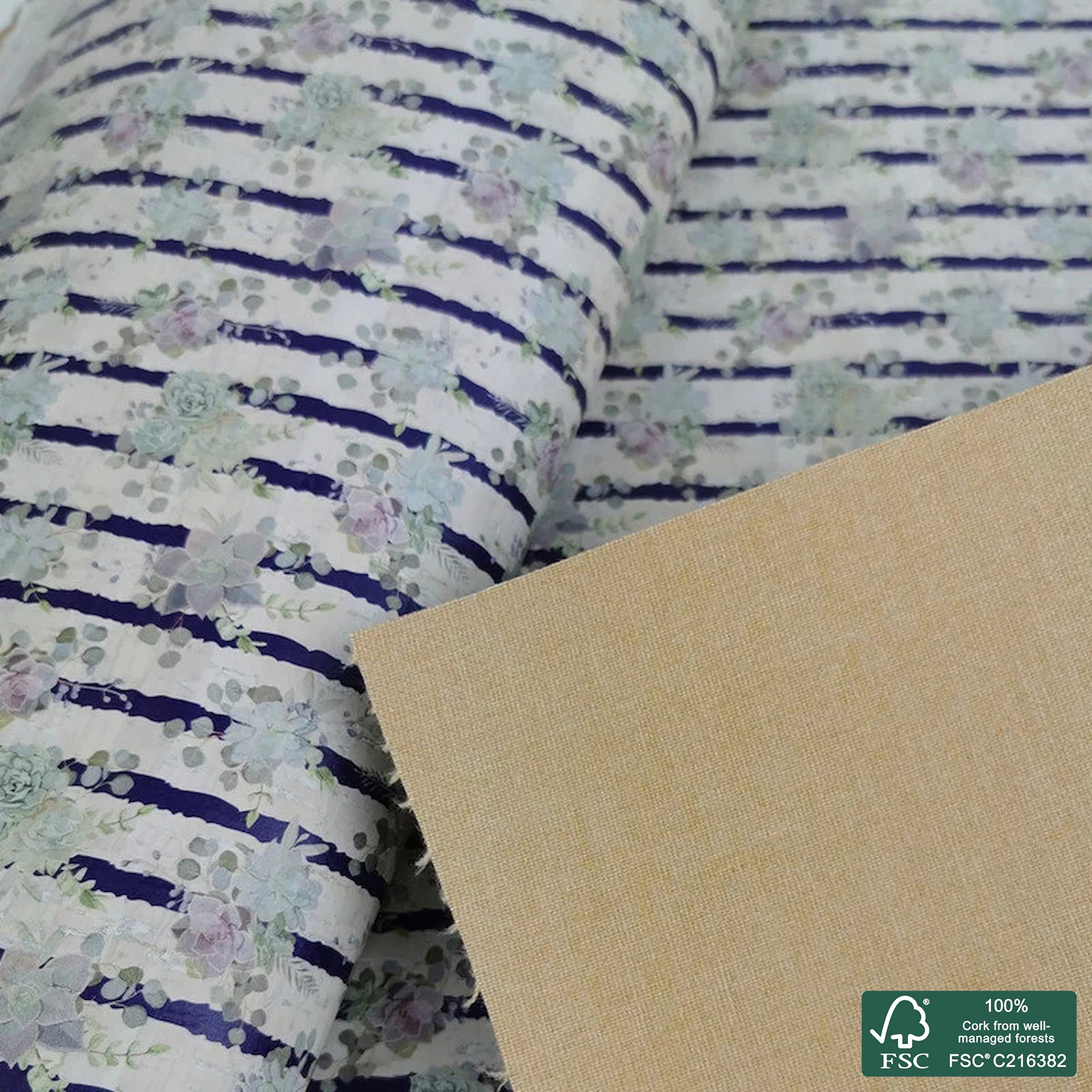 Succulents printed pattern on white cork fabric (230)