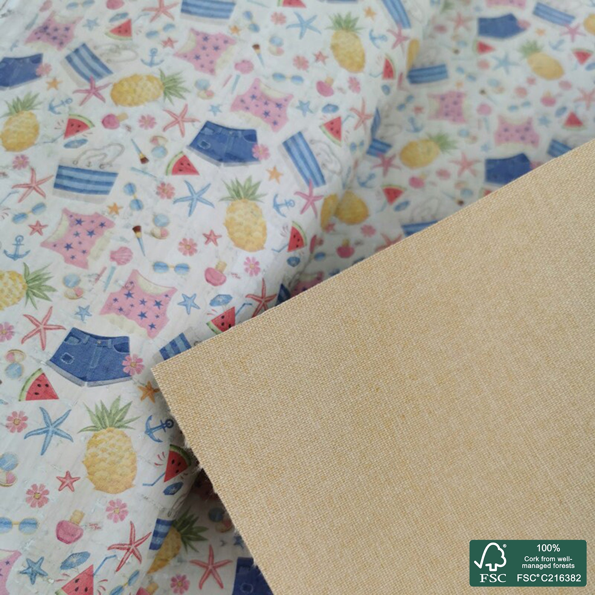 Beach printed pattern on white cork fabric (231)