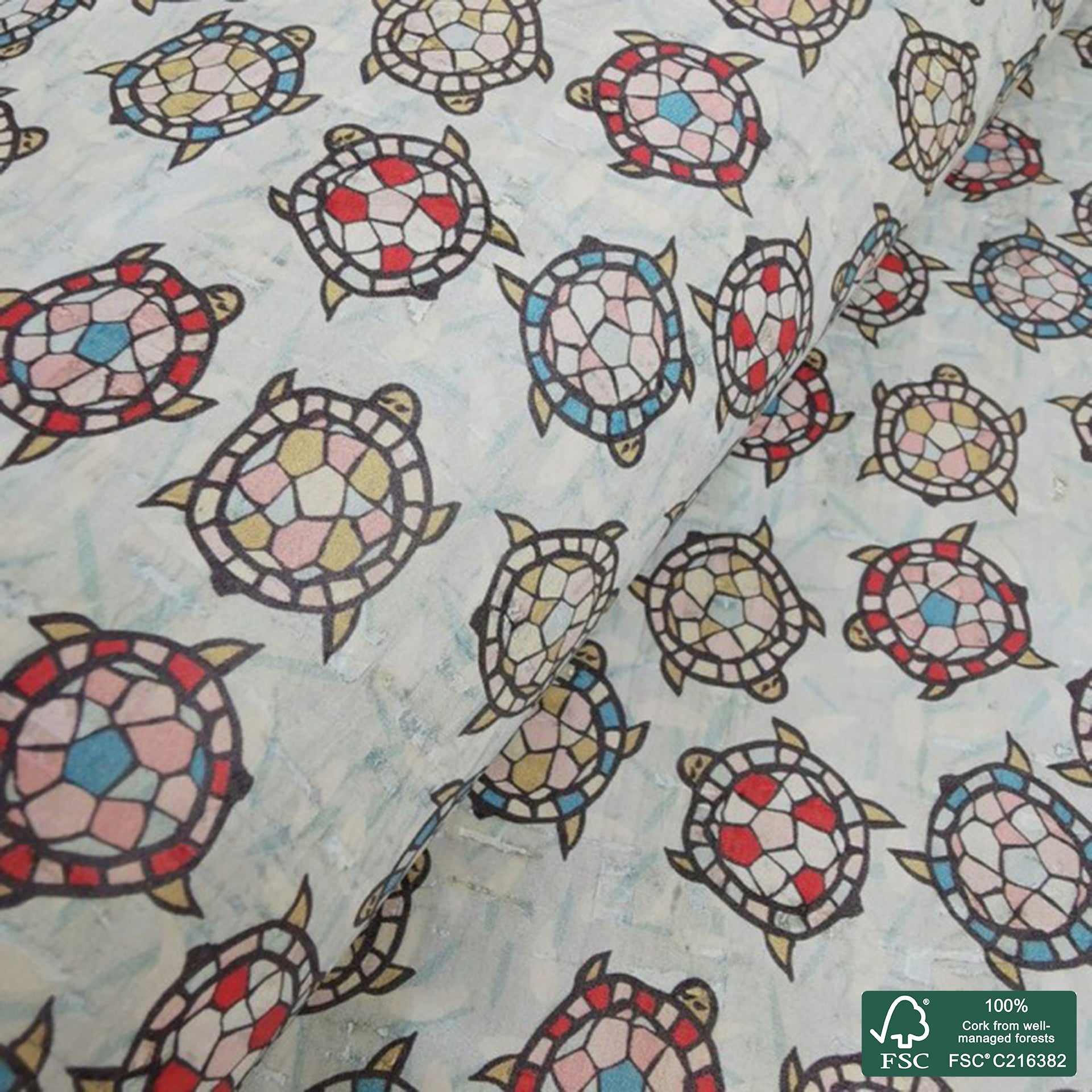 Turtles printed pattern on white cork fabric (232)