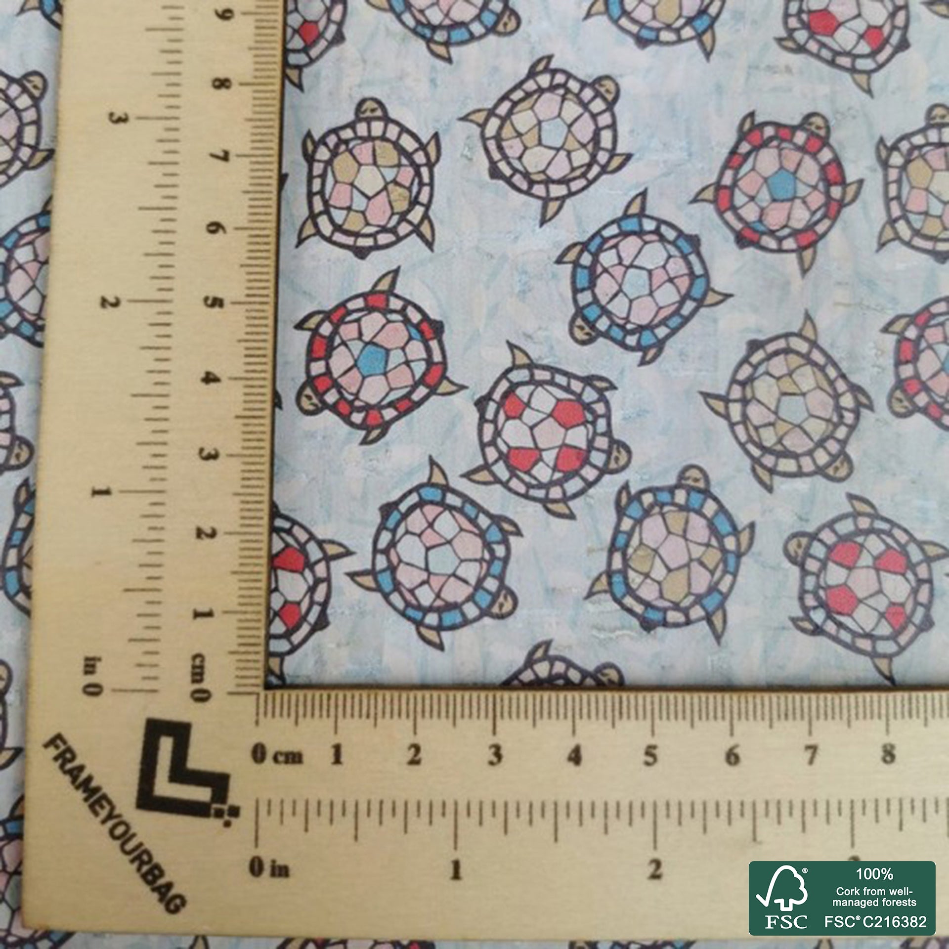 Turtles printed pattern on white cork fabric (232)