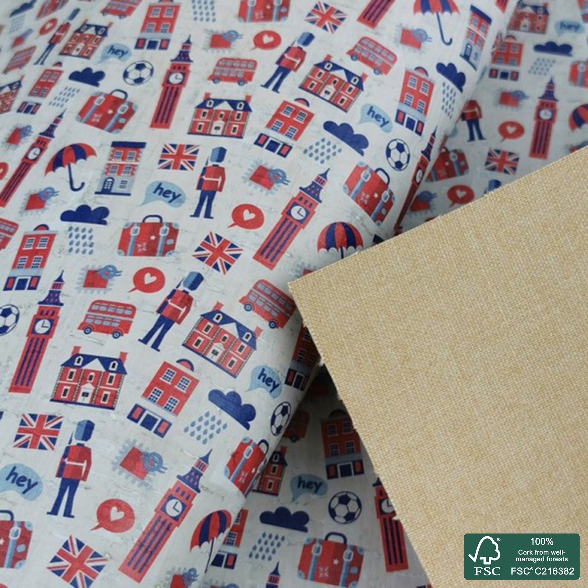 England printed pattern on white cork fabric (235)