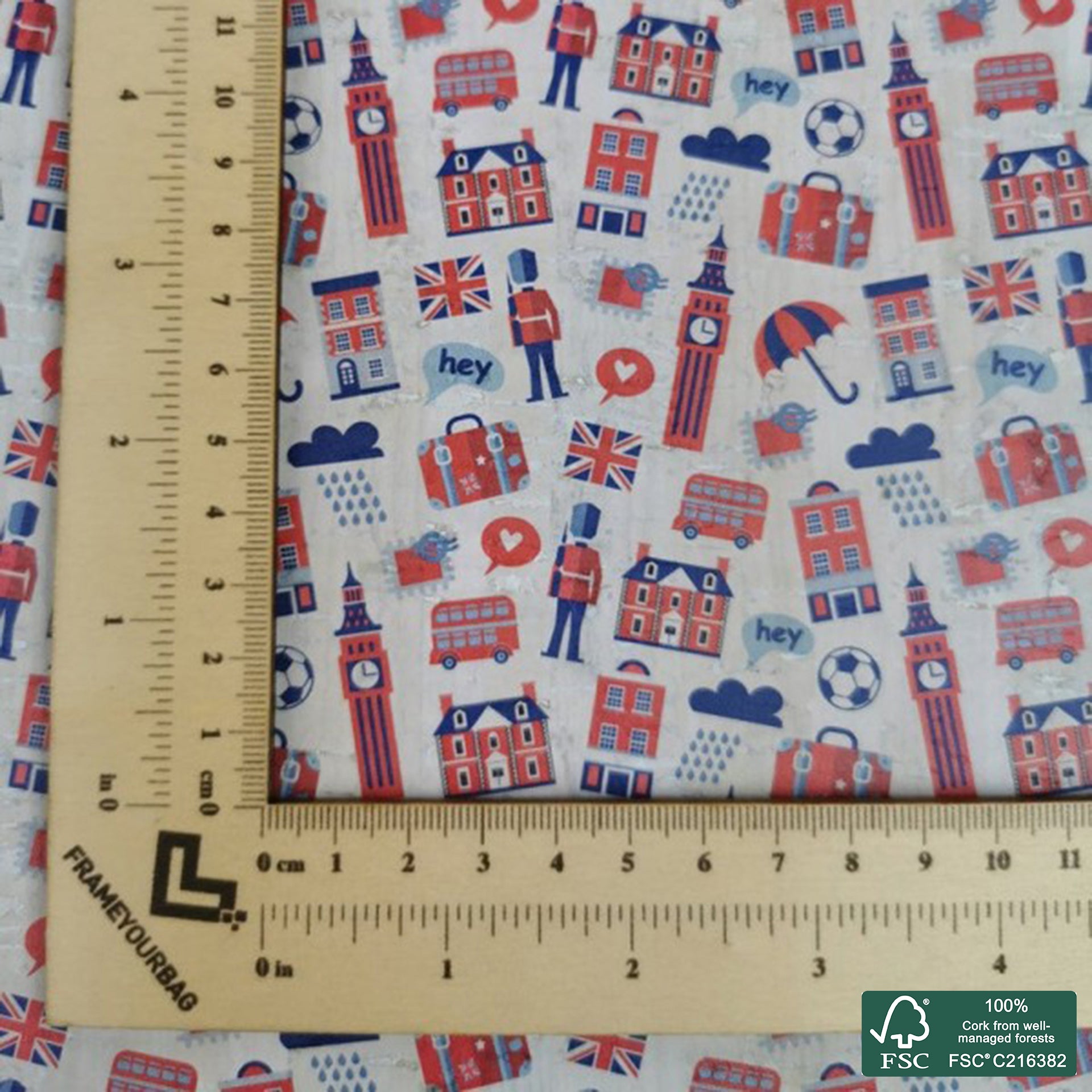 England printed pattern on white cork fabric (235)