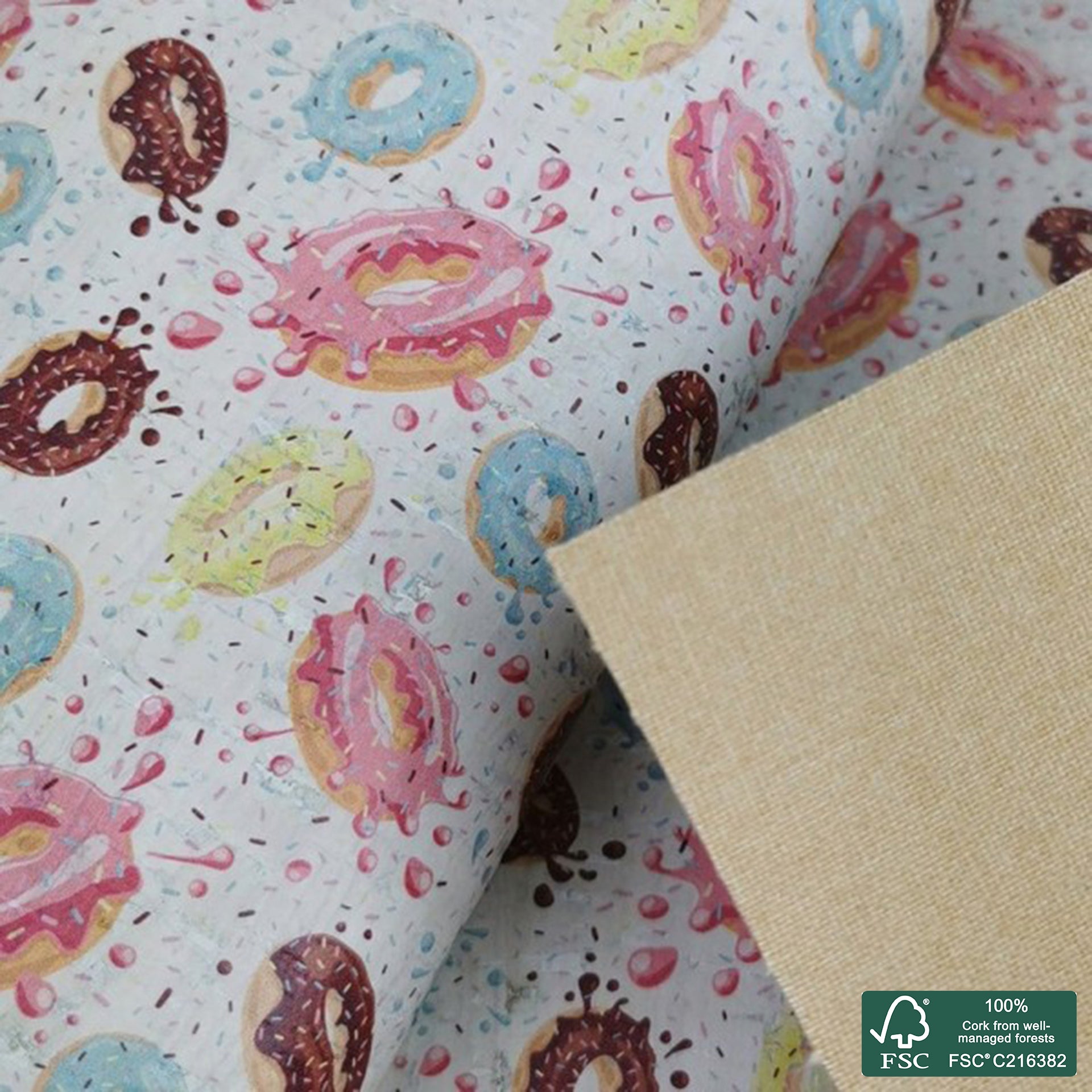 Donuts printed pattern on white cork fabric (237)