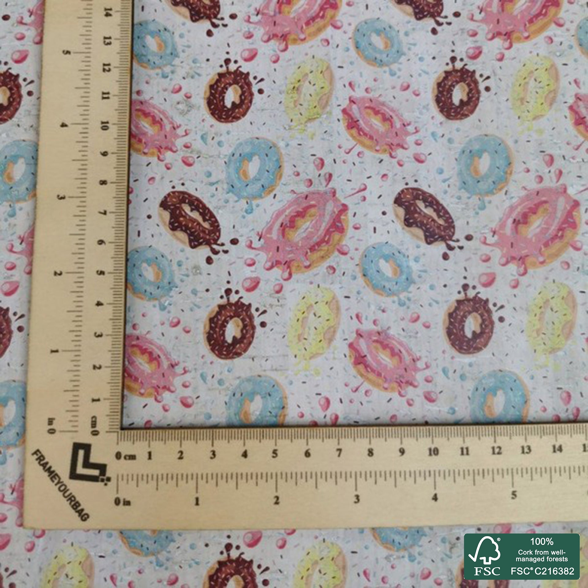 Donuts printed pattern on white cork fabric (237)