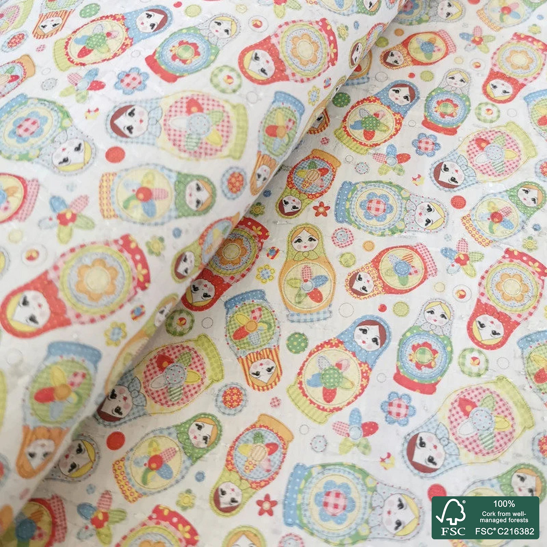 Matryoshka dolls printed pattern on white cork fabric (239)