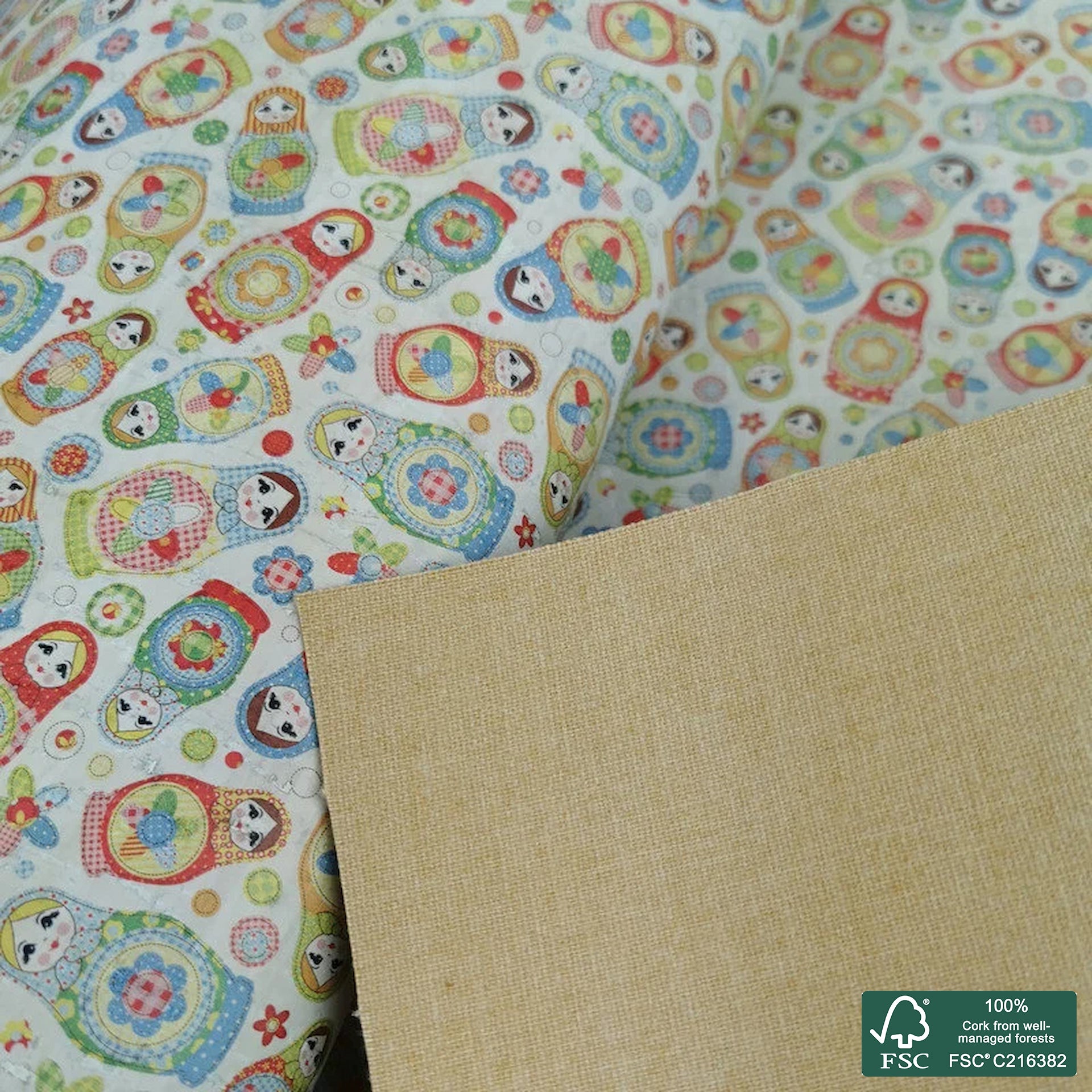 Matryoshka dolls printed pattern on white cork fabric (239)