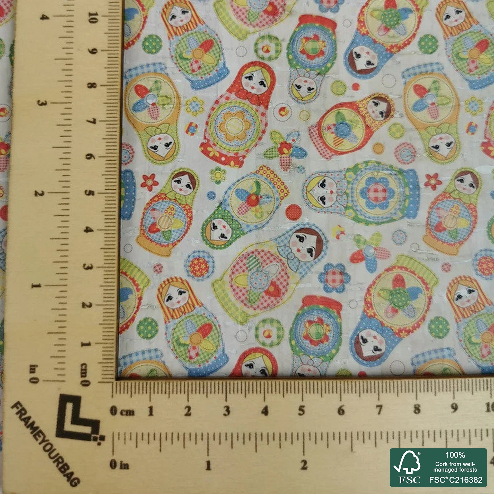 Matryoshka dolls printed pattern on white cork fabric (239)