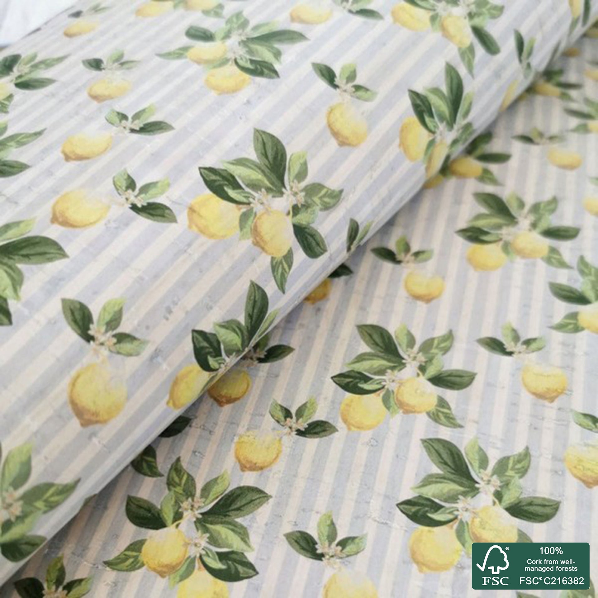 Lemons printed pattern on white cork fabric (240)