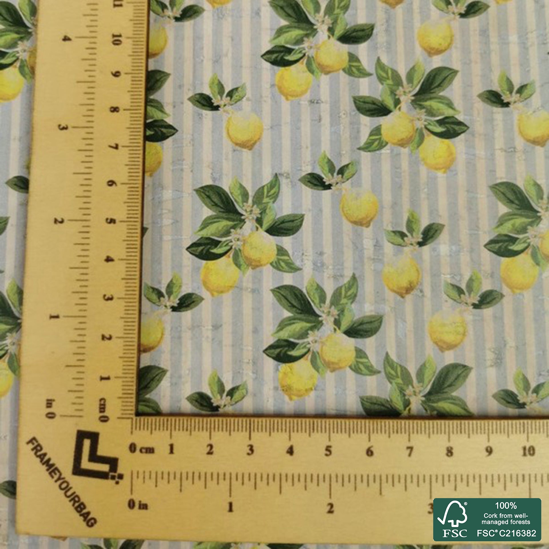 Lemons printed pattern on white cork fabric (240)
