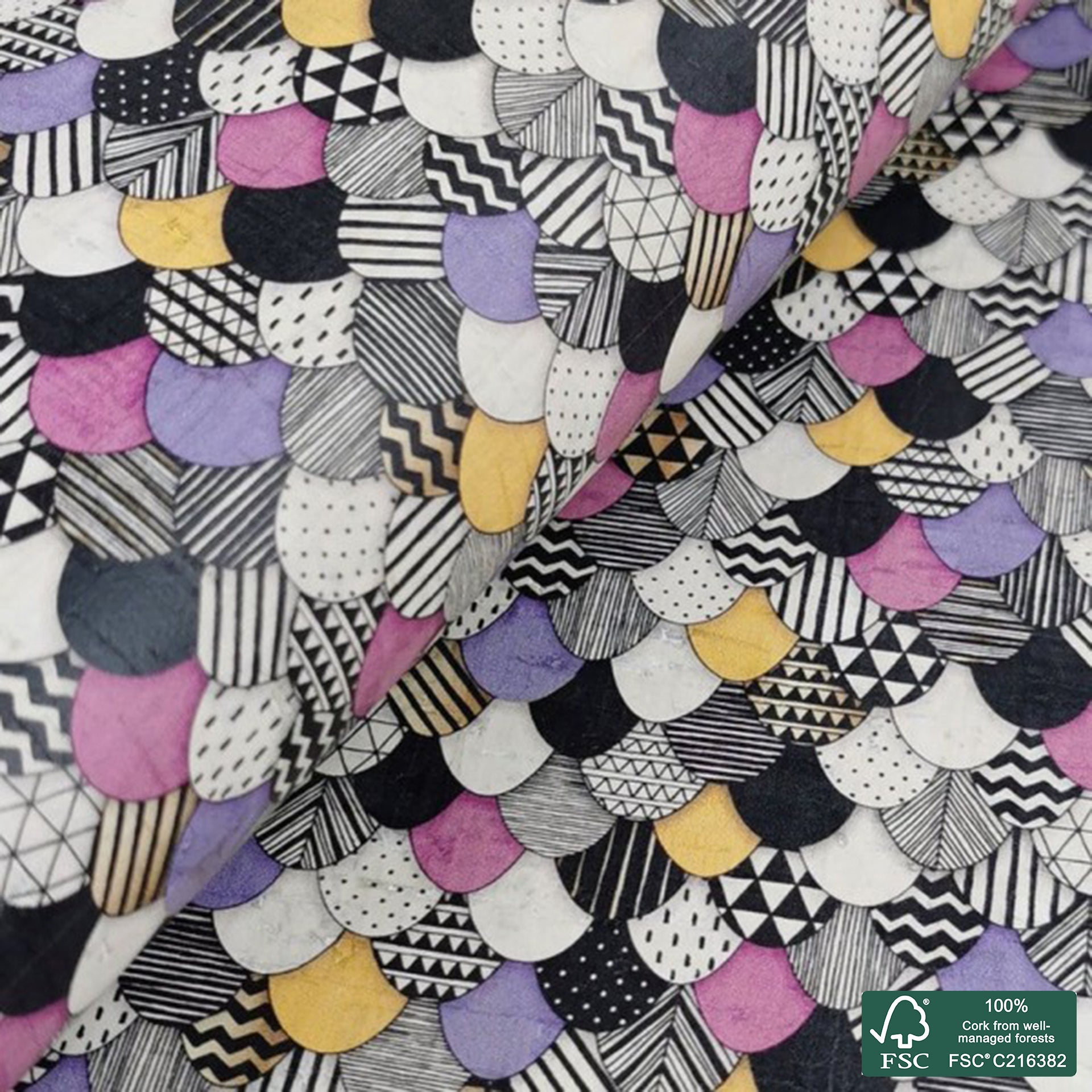 Abstract printed pattern on white cork fabric (245)