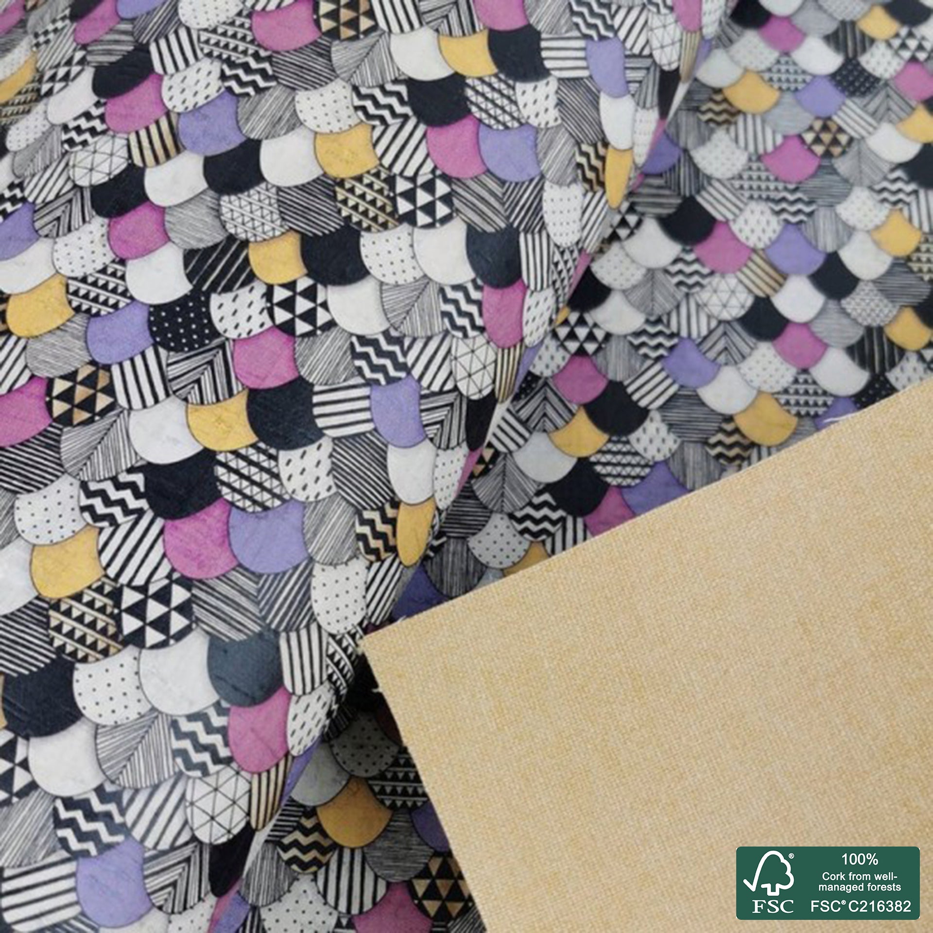 Abstract printed pattern on white cork fabric (245)