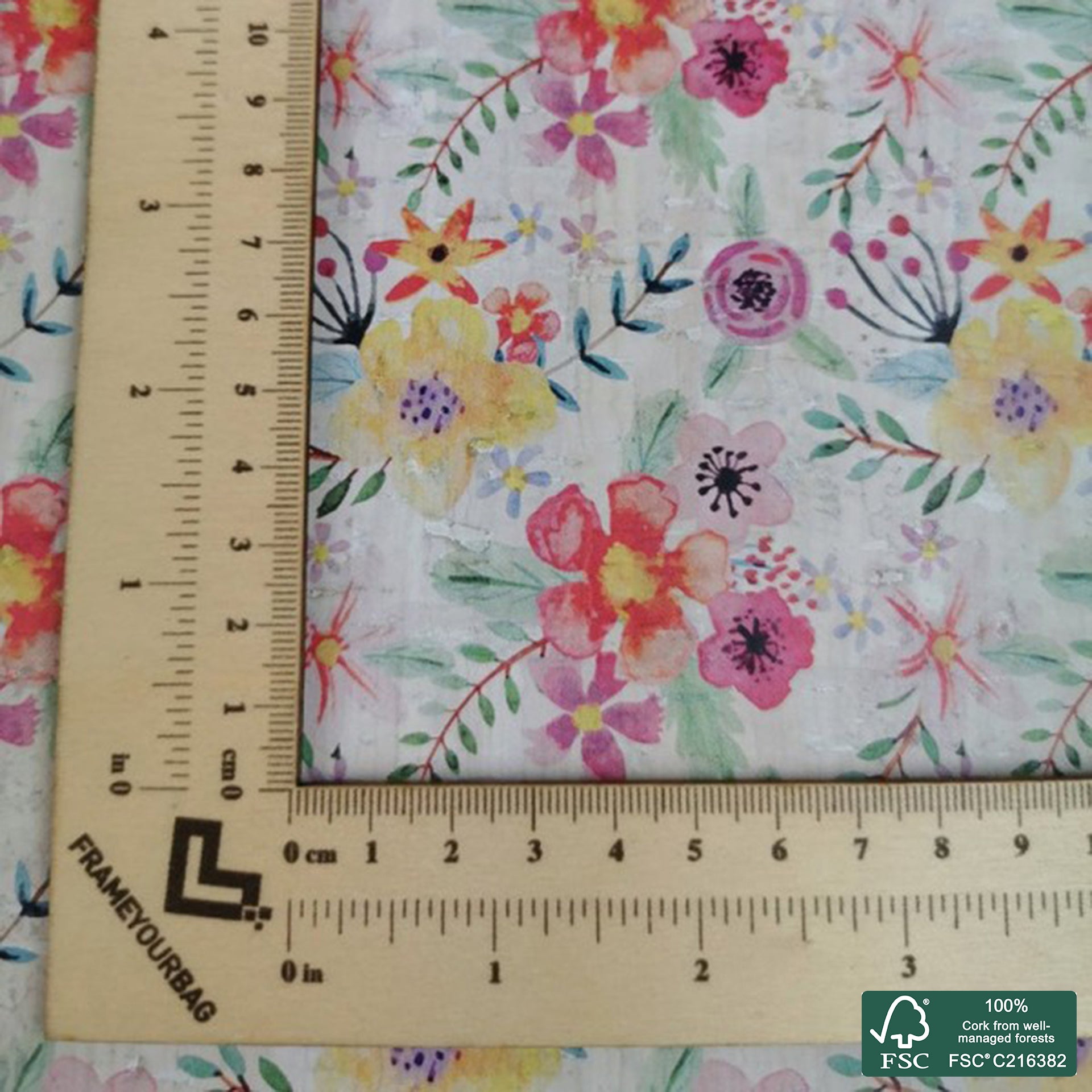 Flowers printed pattern on white cork fabric (247)