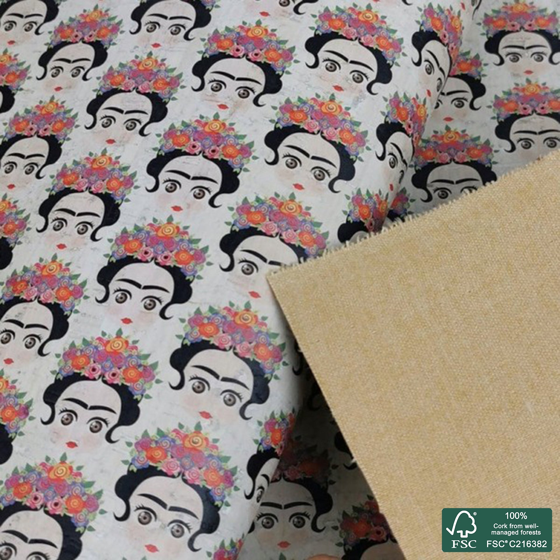 Flowers printed pattern on white cork fabric (252)
