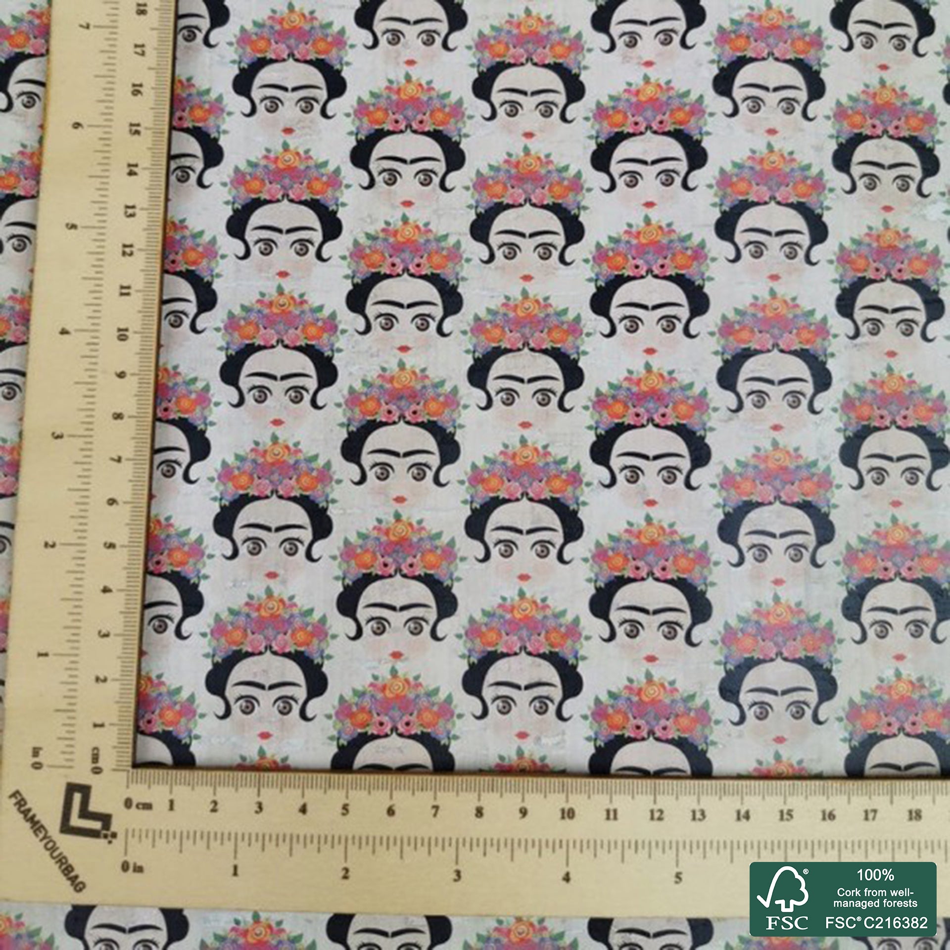 Flowers printed pattern on white cork fabric (252)