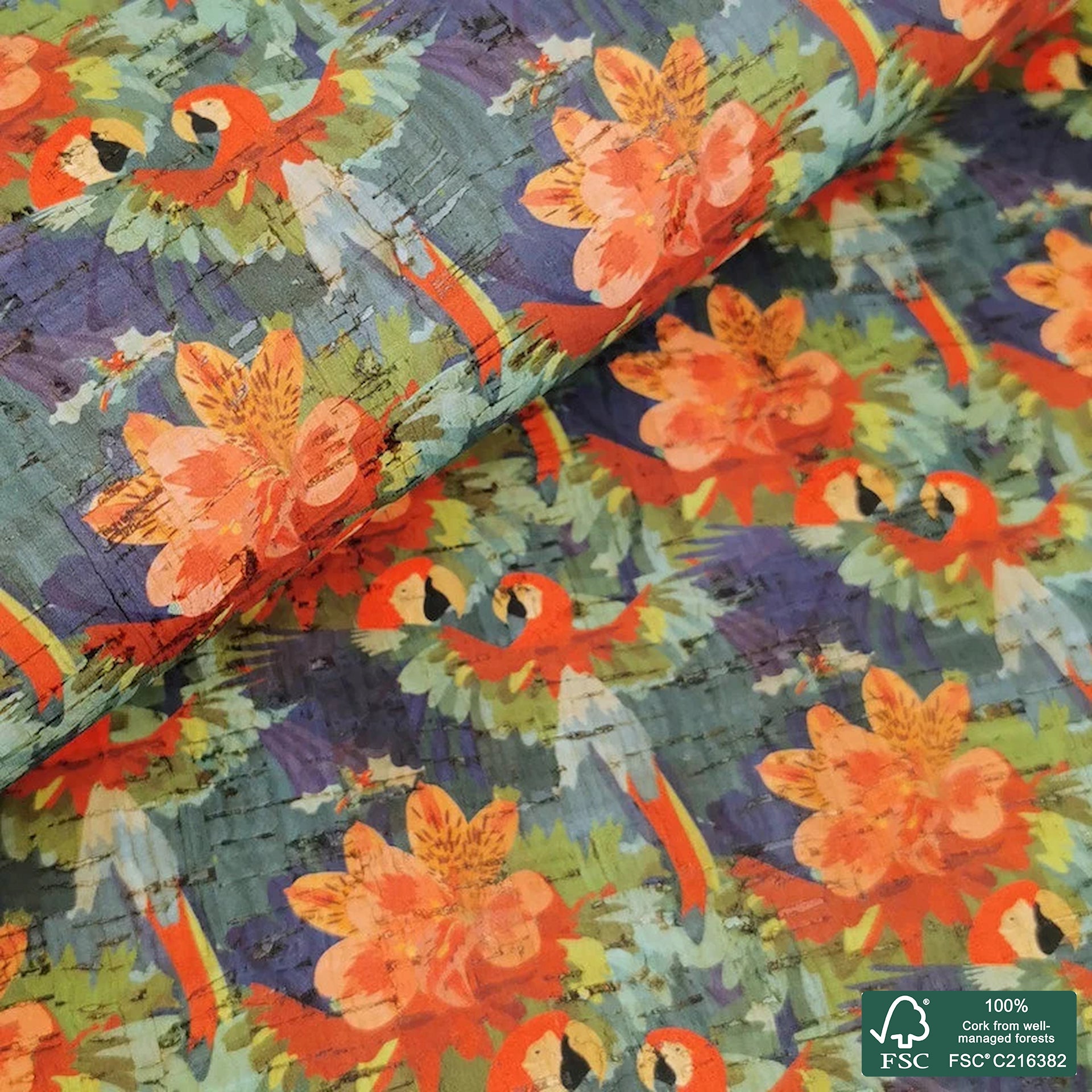 Parrot printed pattern on natural cork fabric (254)