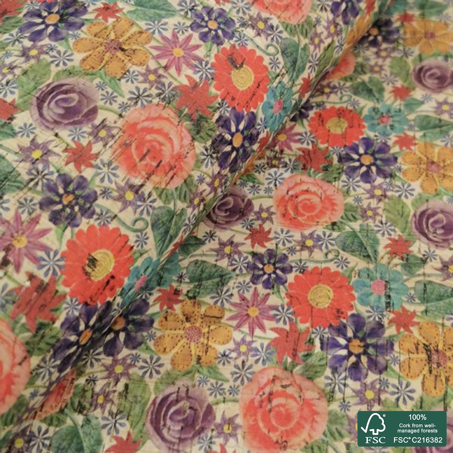 Flowers printed pattern on natural cork fabric (256)