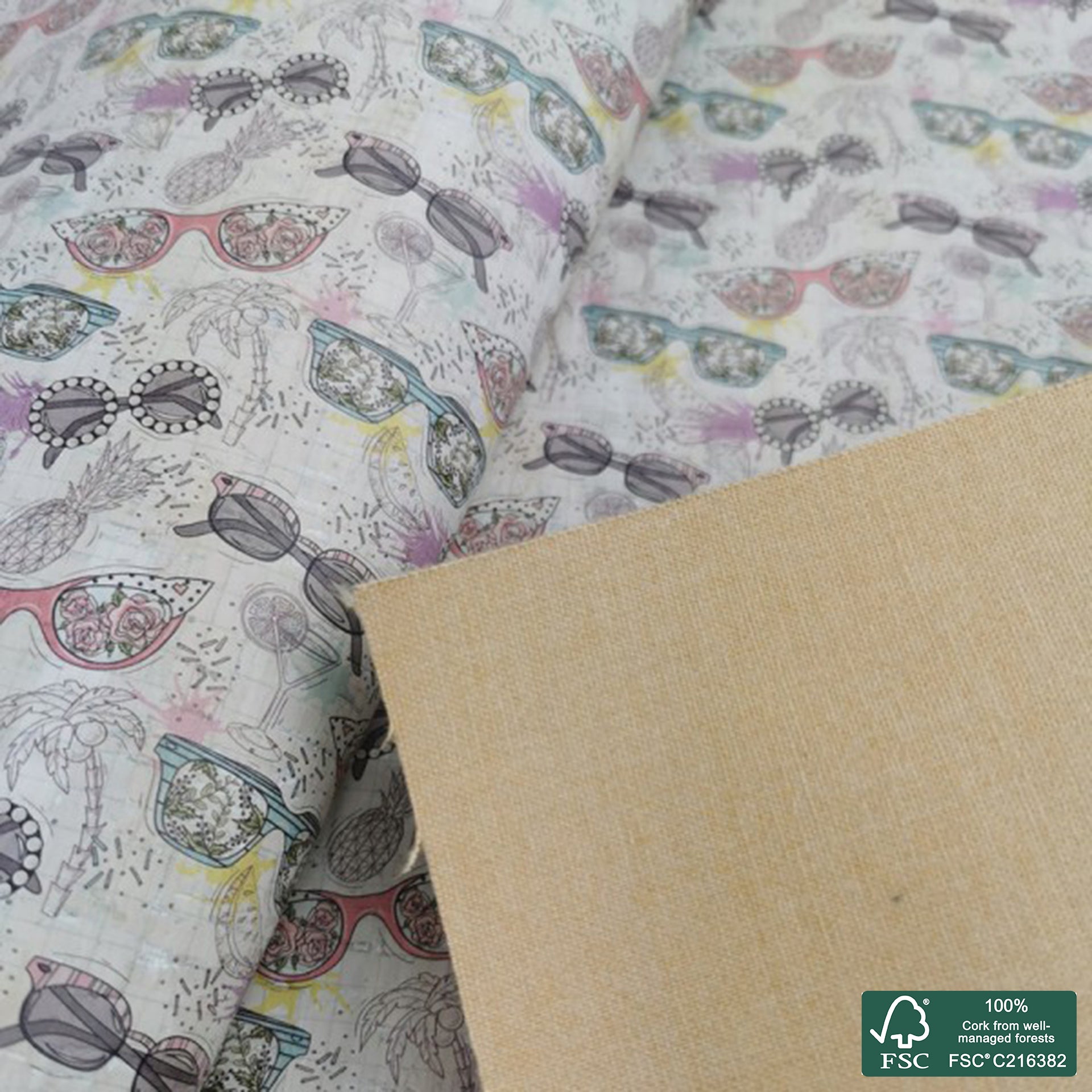 Glasses printed pattern on white cork fabric (266)