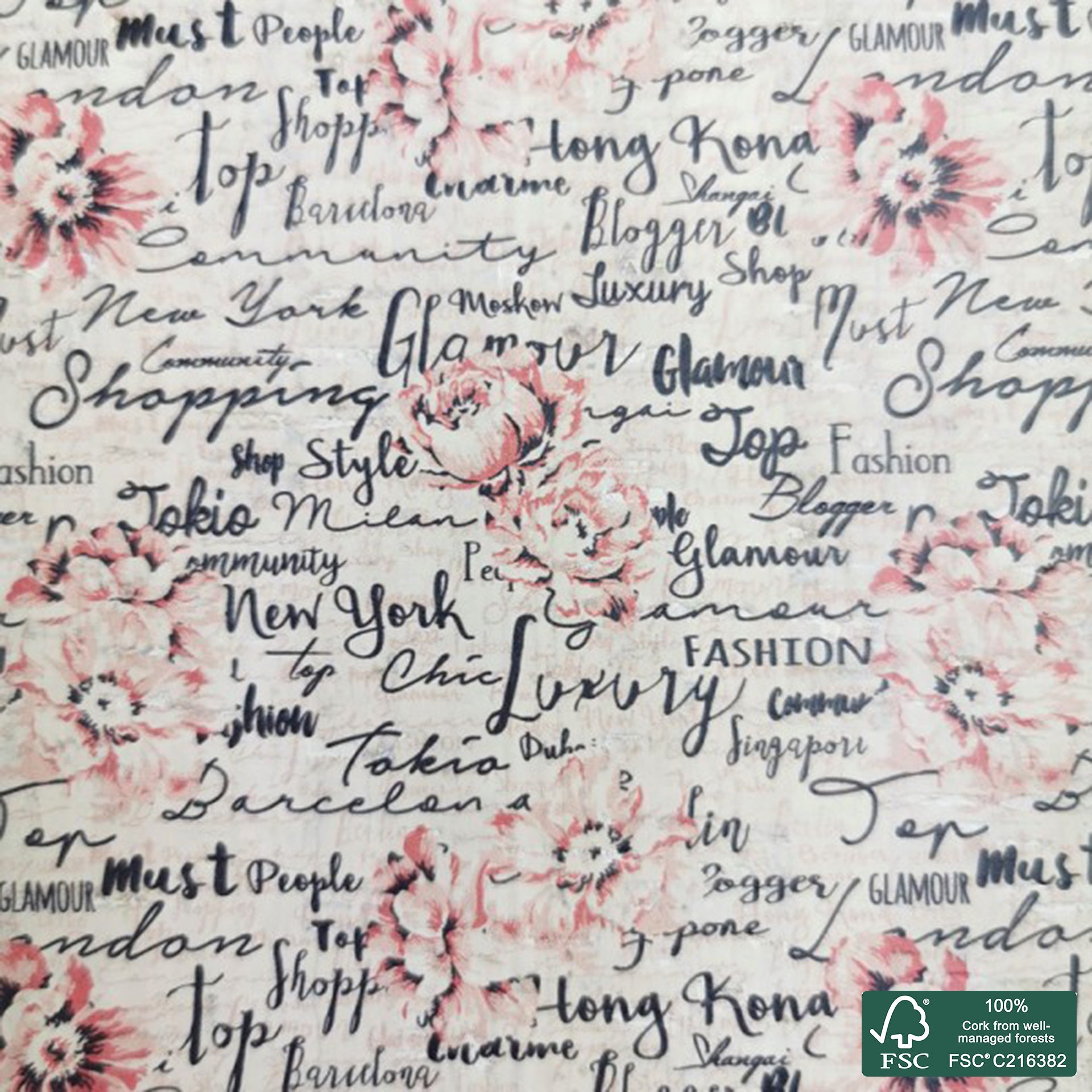 Flowers printed pattern on white cork fabric (268)