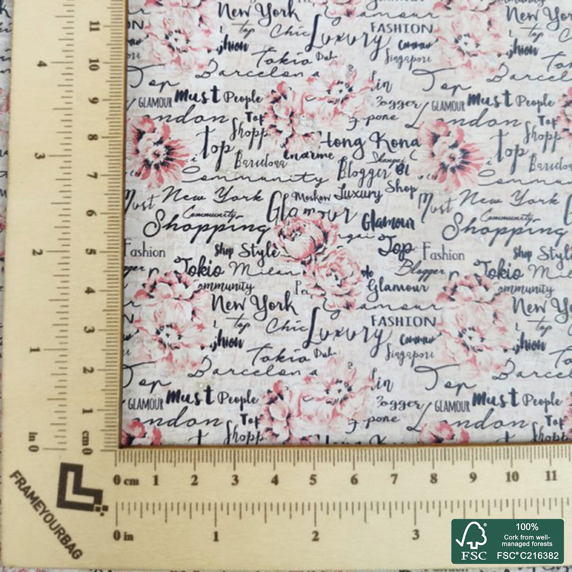 Flowers printed pattern on white cork fabric (268)