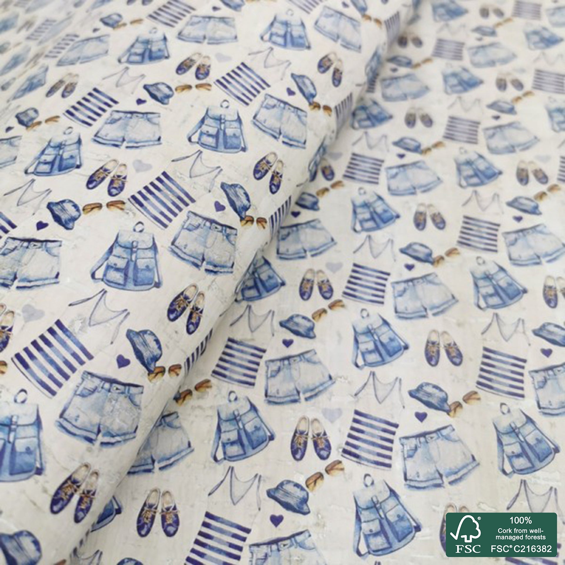 Flowers printed pattern on white cork fabric (270)