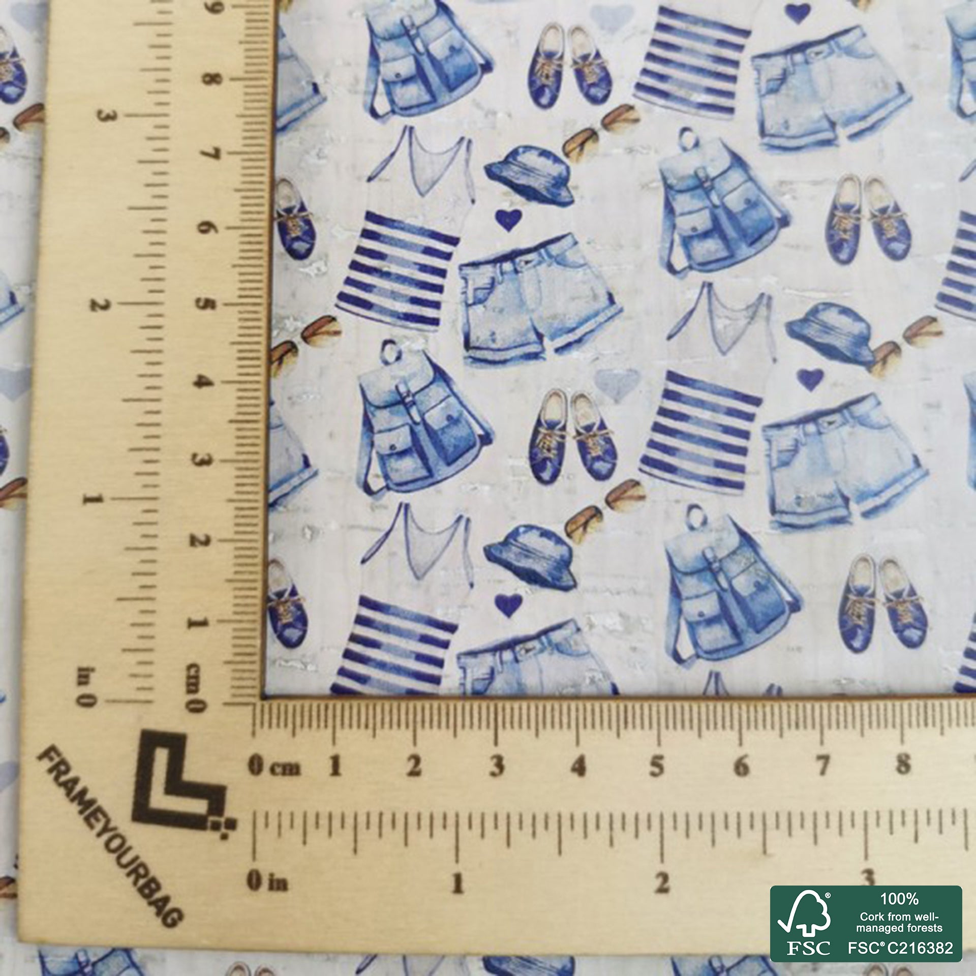 Flowers printed pattern on white cork fabric (270)