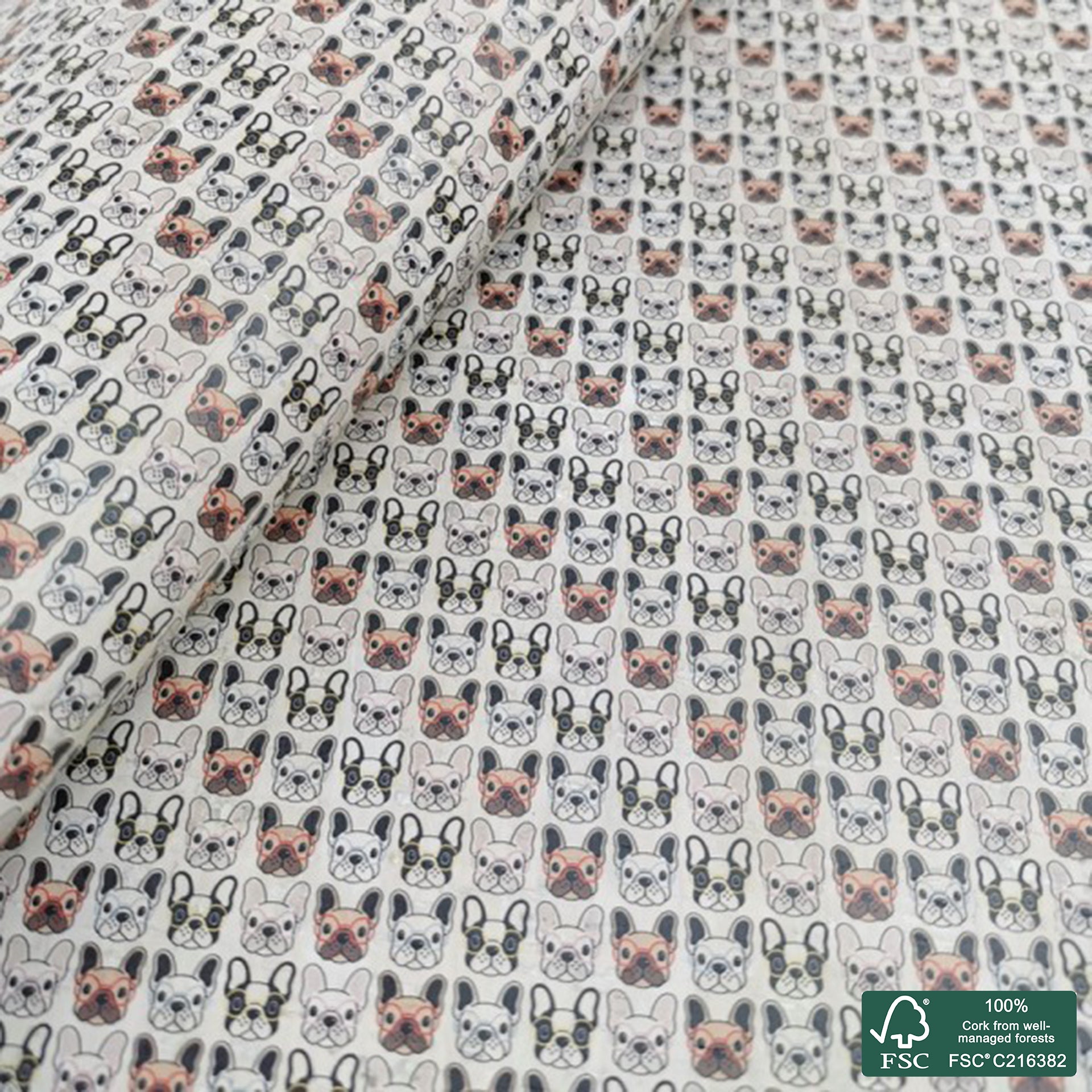 Frenchies printed pattern on white cork fabric (272)