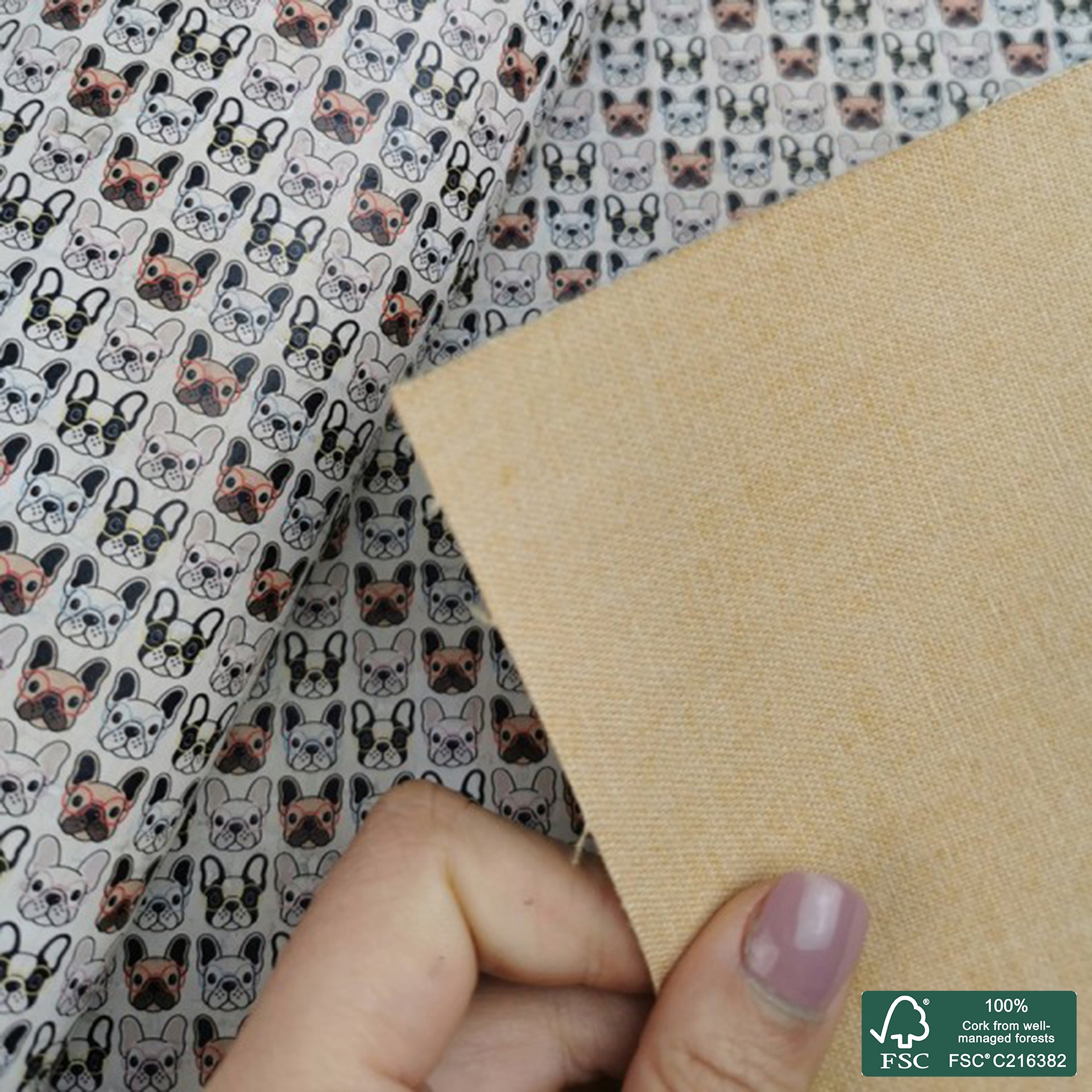 Frenchies printed pattern on white cork fabric (272)