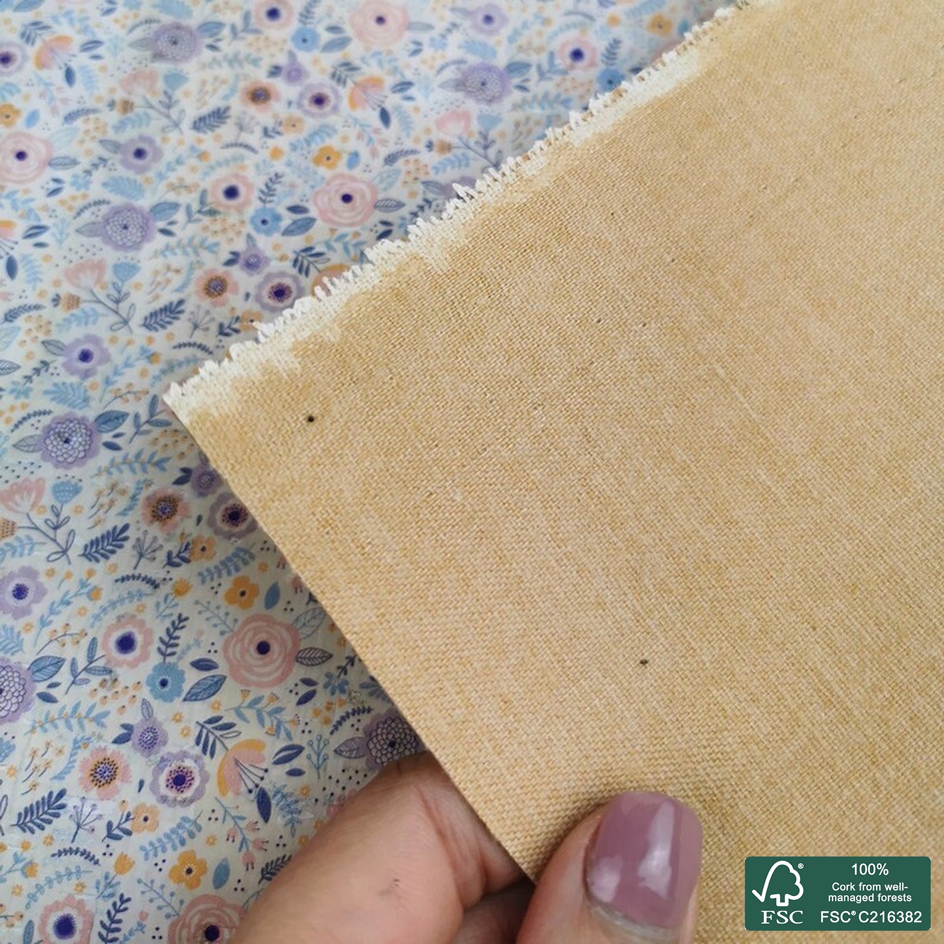 Flowers printed pattern on white cork fabric (277)