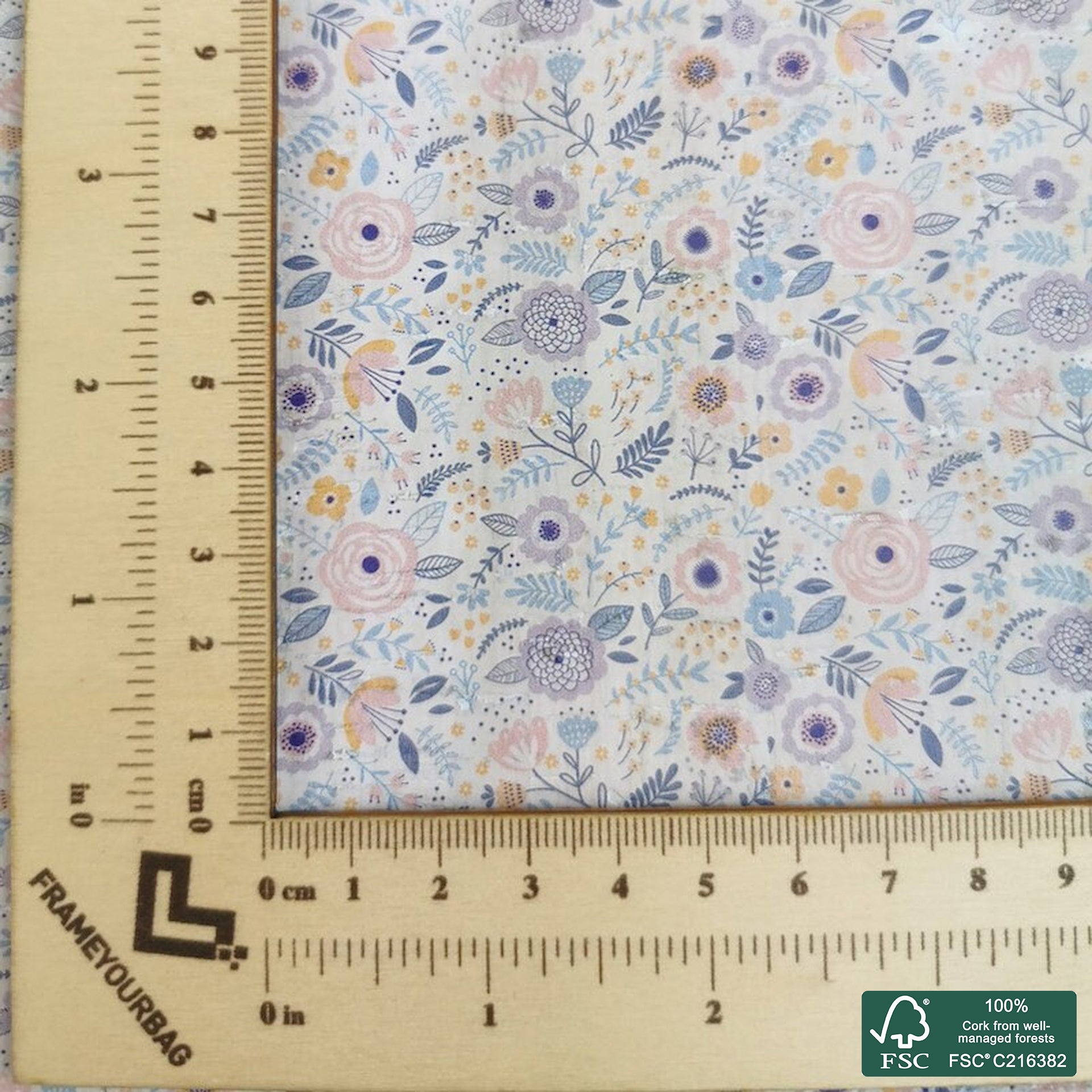 Flowers printed pattern on white cork fabric (277)