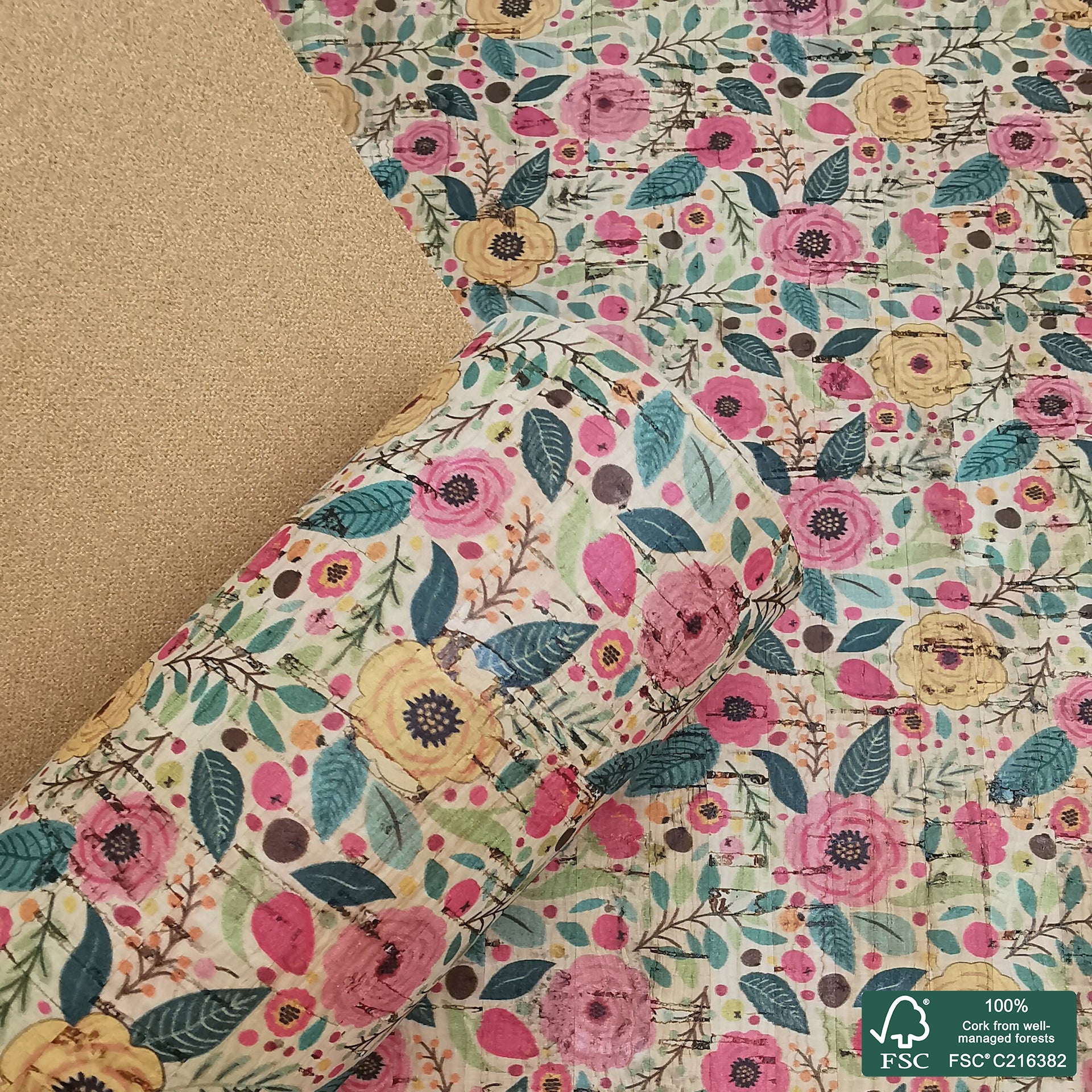 Flowers printed pattern on natural cork fabric (280)