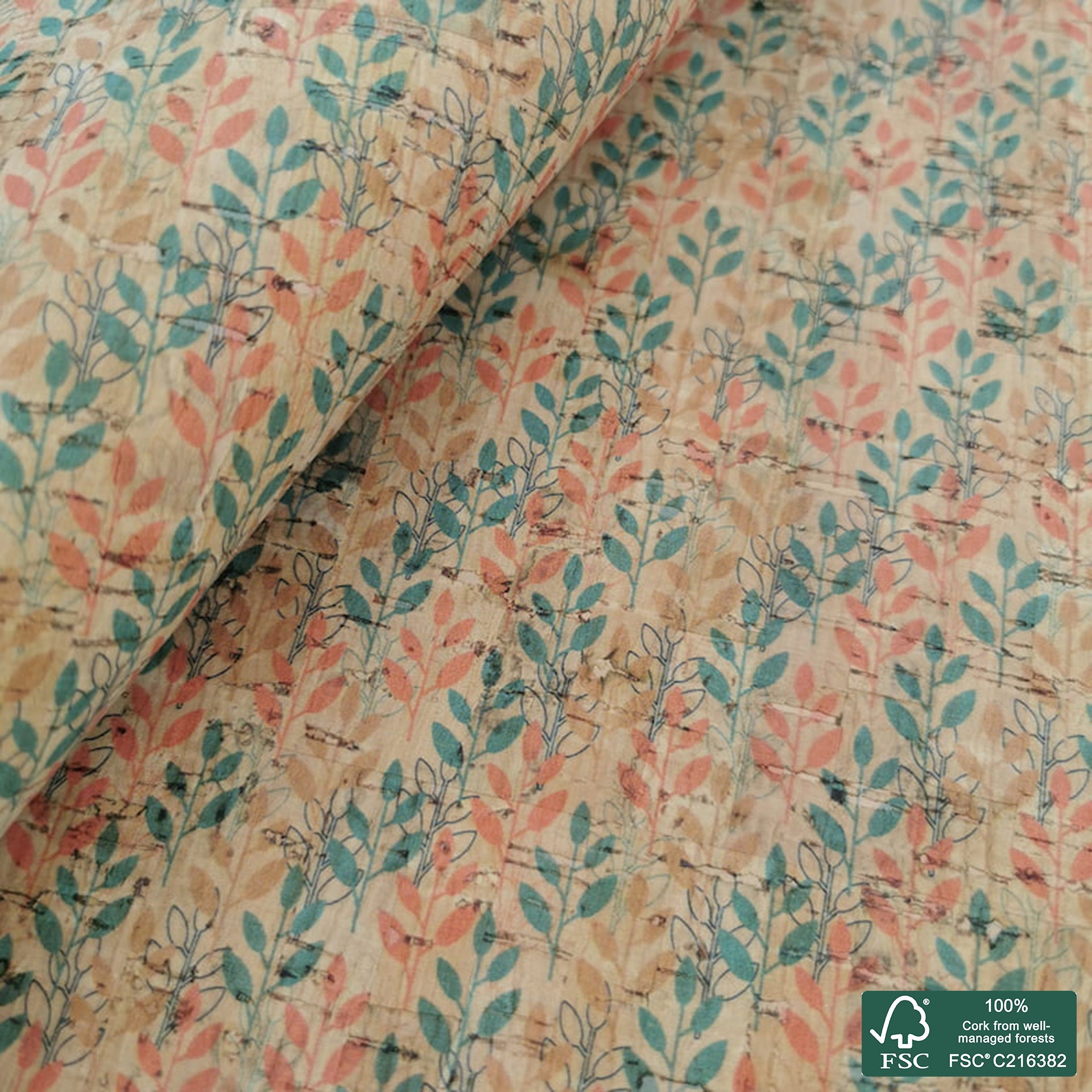 Leaves printed pattern on natural cork fabric (285)