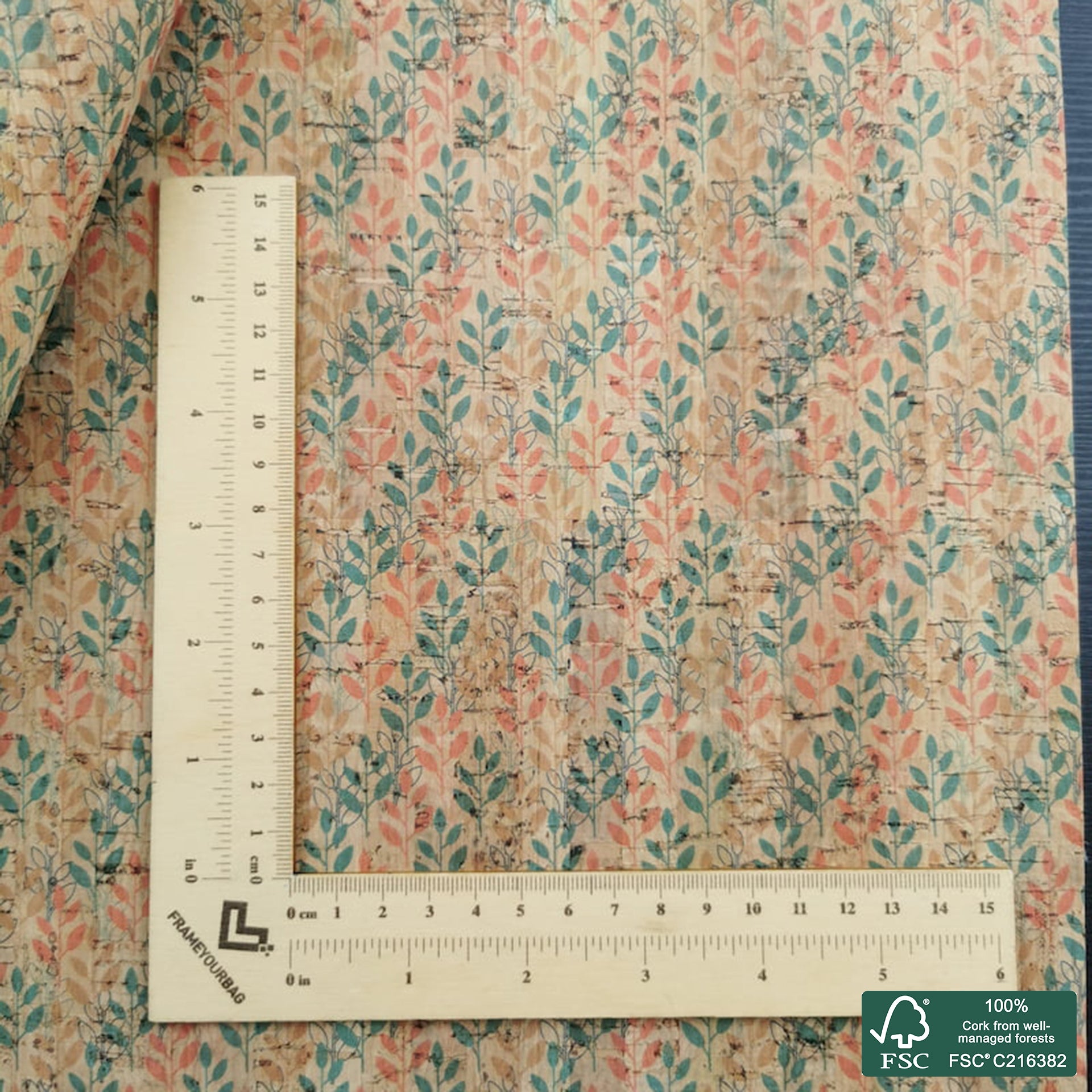 Leaves printed pattern on natural cork fabric (285)