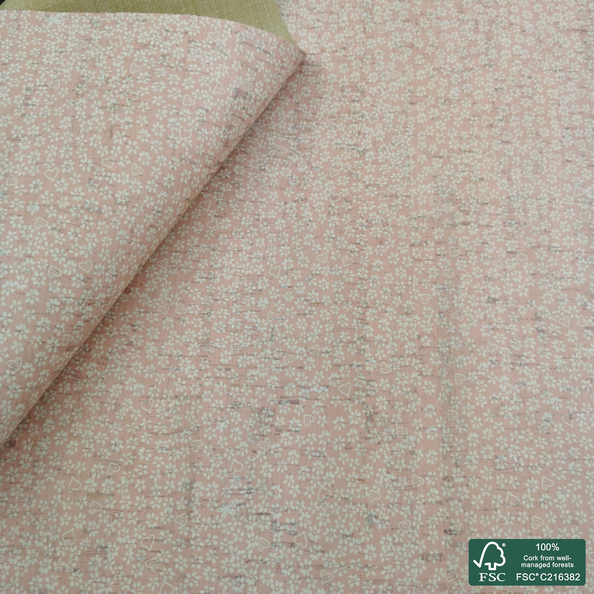 Flowers printed pattern on white cork fabric (286)