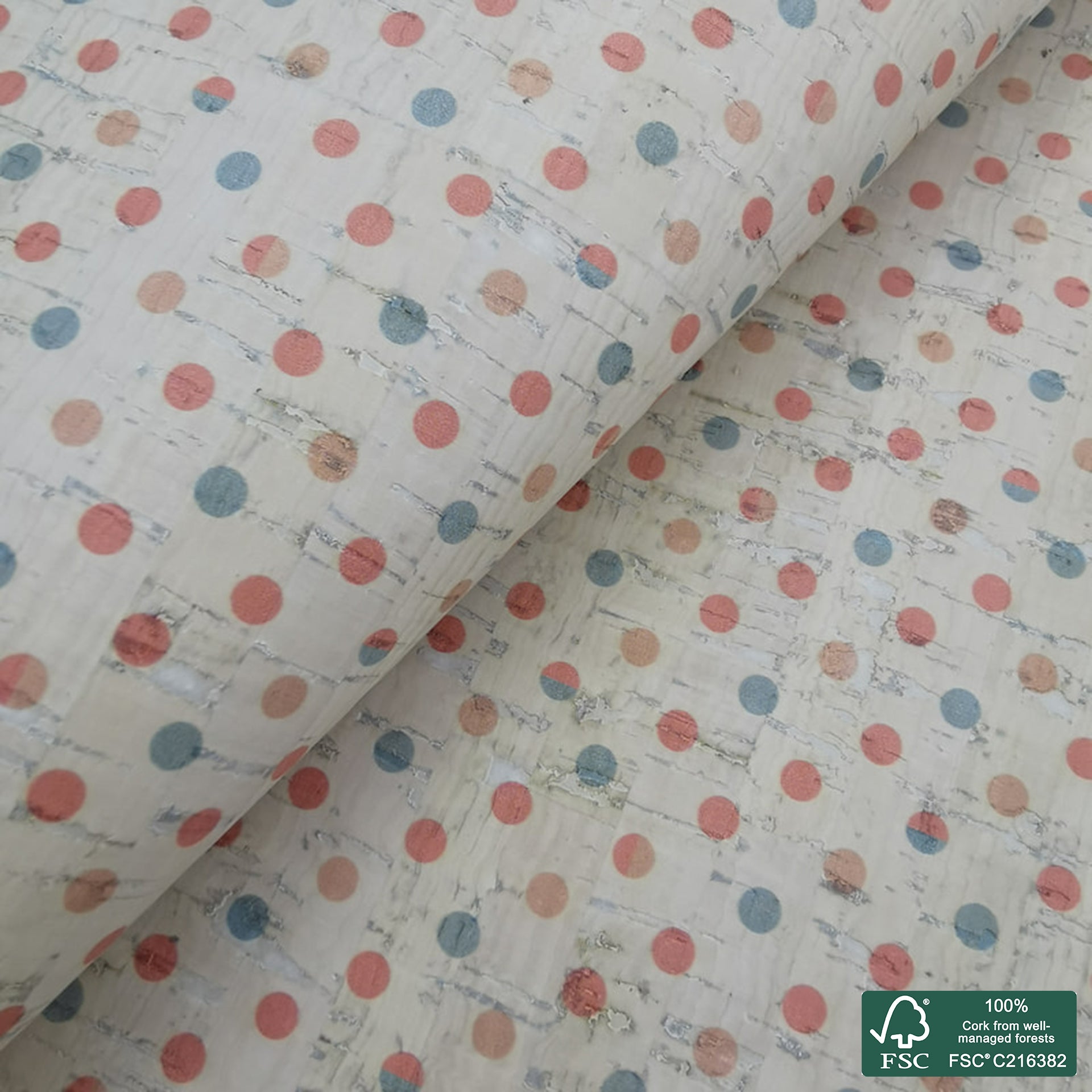 Dots printed pattern on white cork fabric (288)