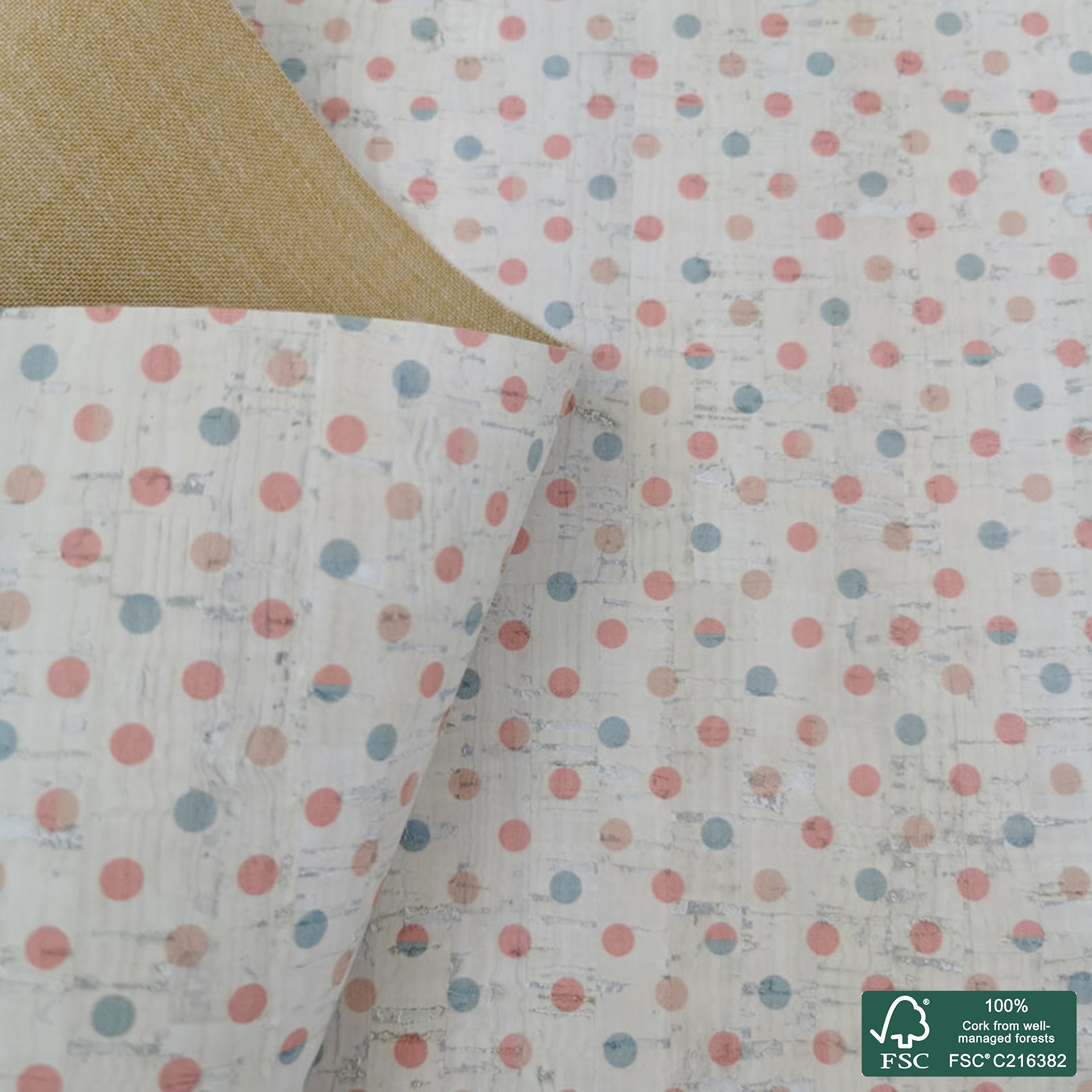 Dots printed pattern on white cork fabric (288)