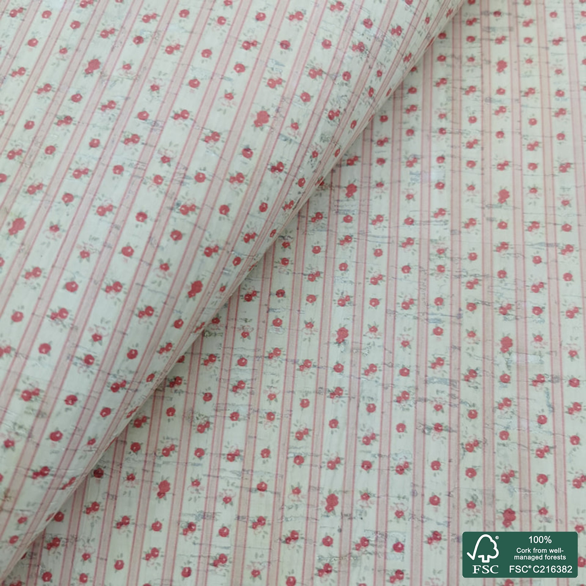 Flowers printed pattern on white cork fabric (290)