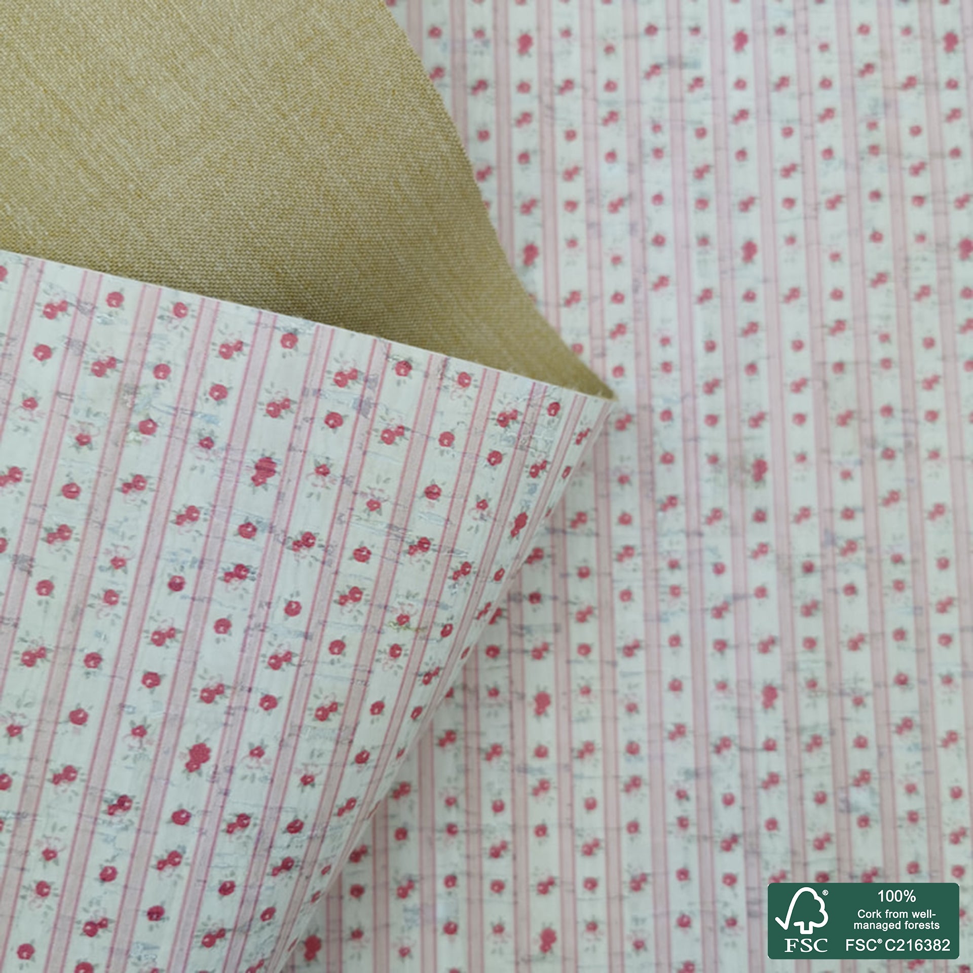 Flowers printed pattern on white cork fabric (290)