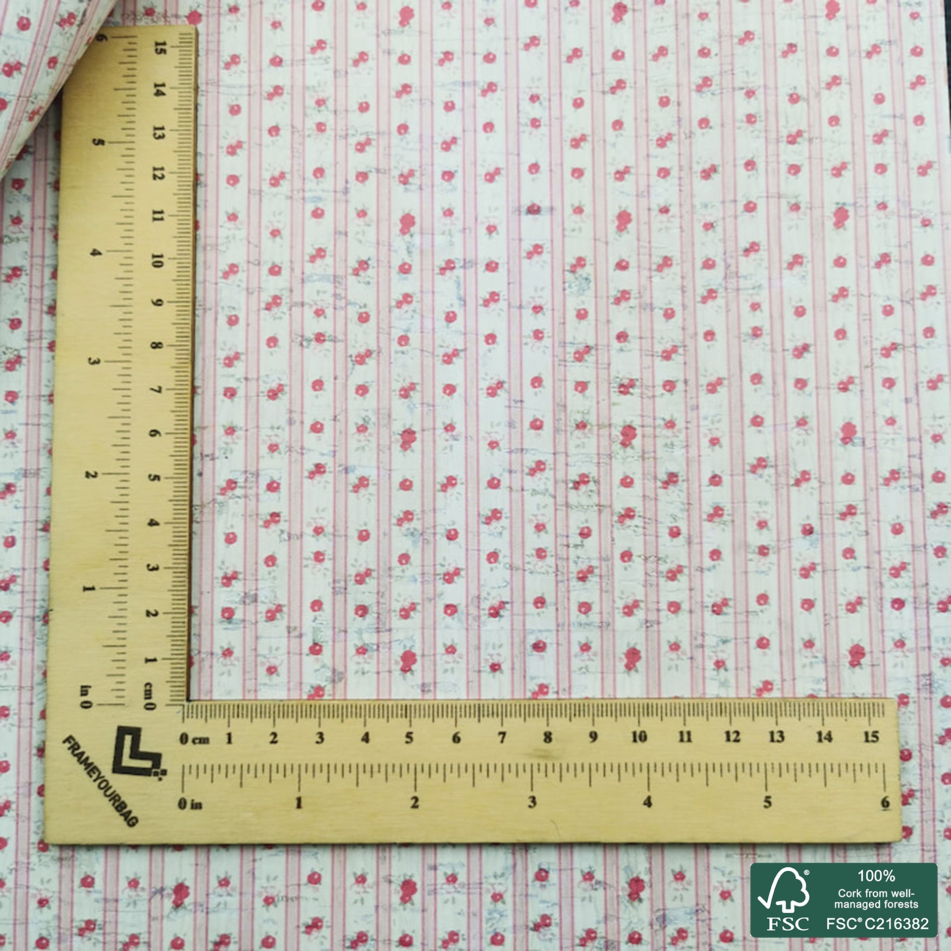 Flowers printed pattern on white cork fabric (290)