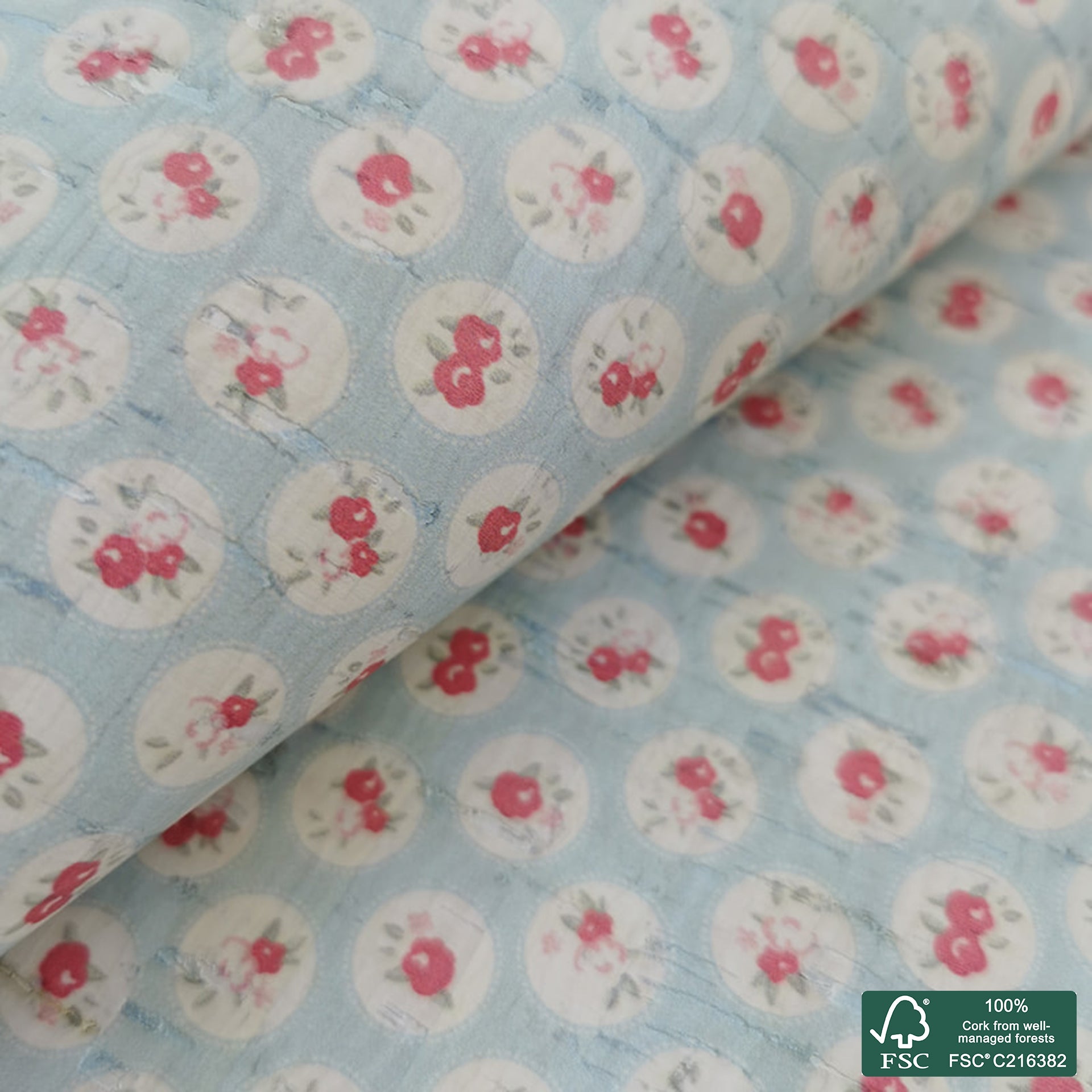 Flowers printed pattern on white cork fabric (291)