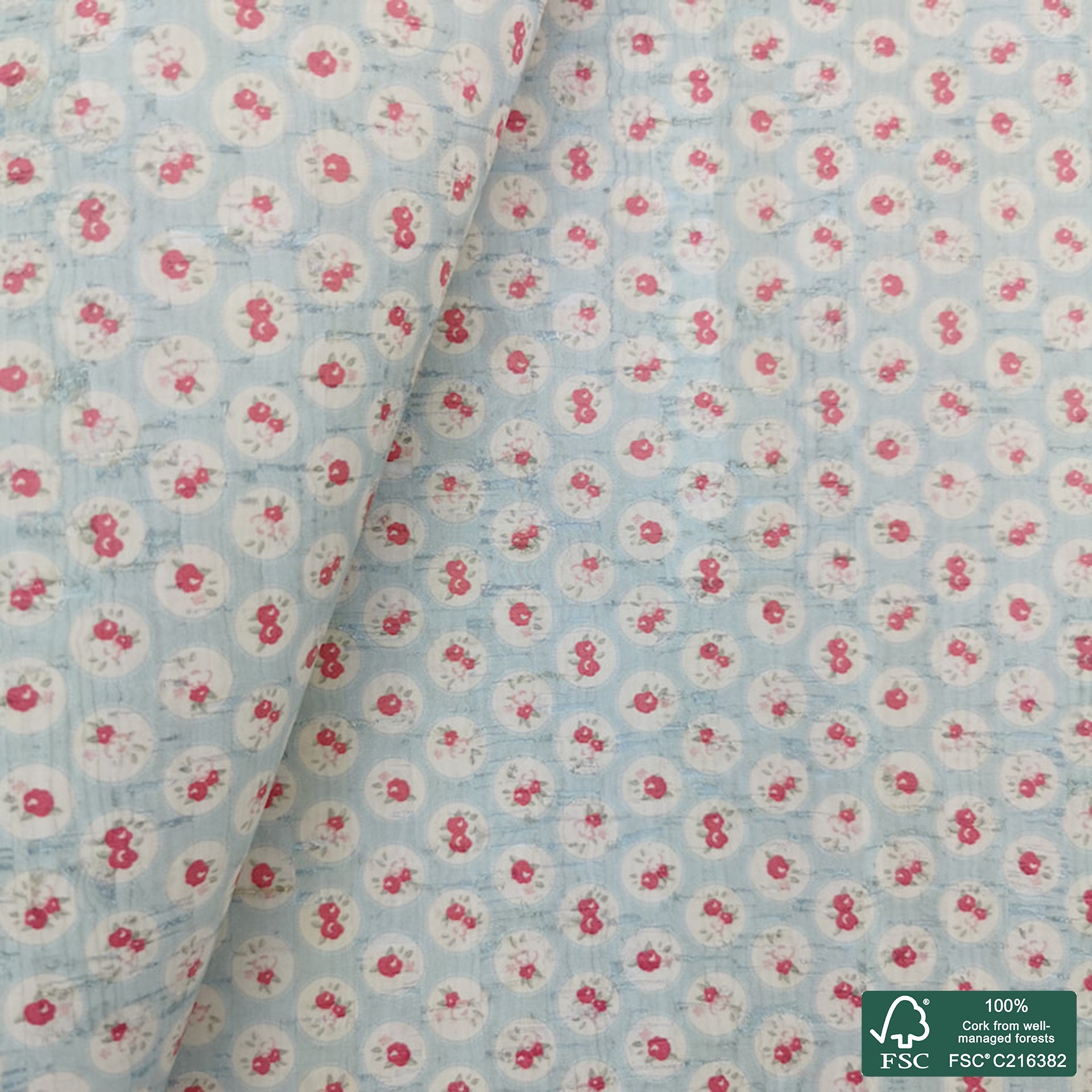 Flowers printed pattern on white cork fabric (291)