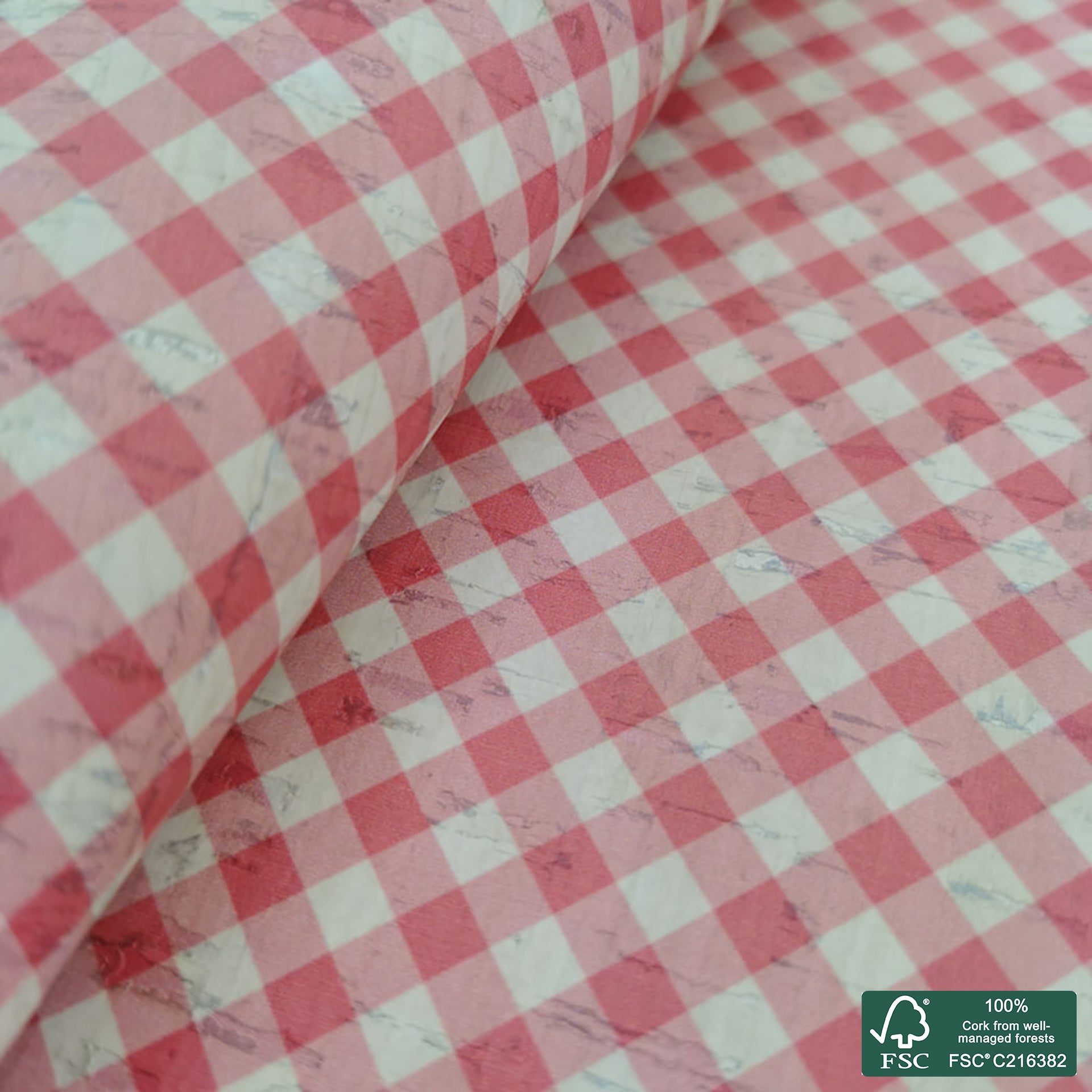 Plaid printed pattern on white cork fabric (293)