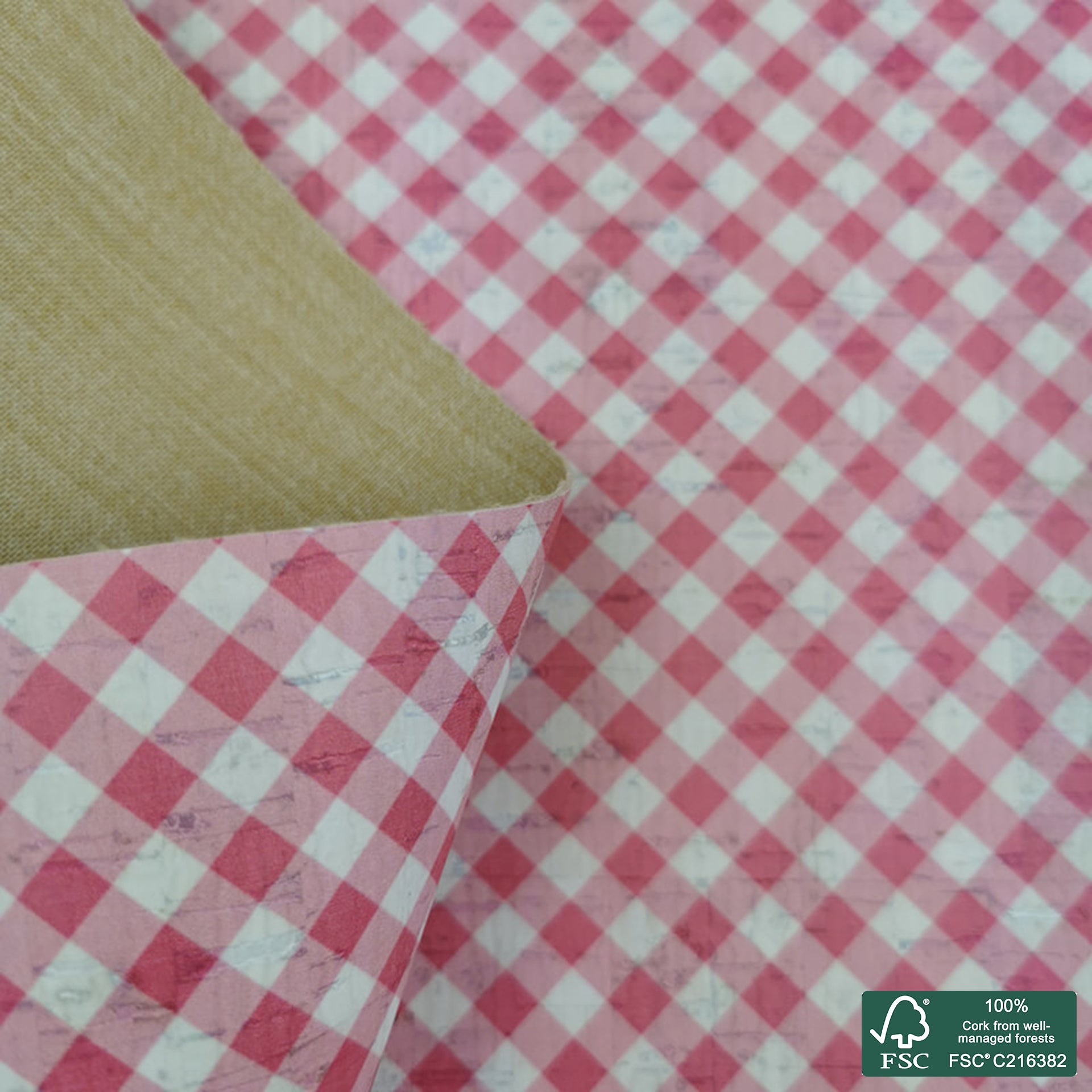 Plaid printed pattern on white cork fabric (293)