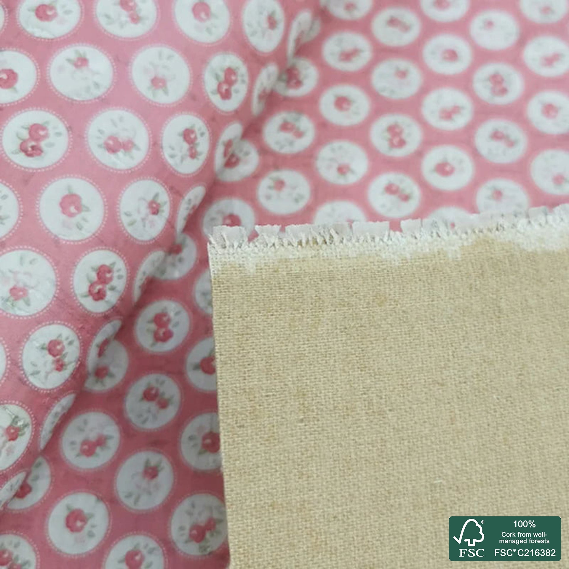Flowers printed pattern on white cork fabric (296)